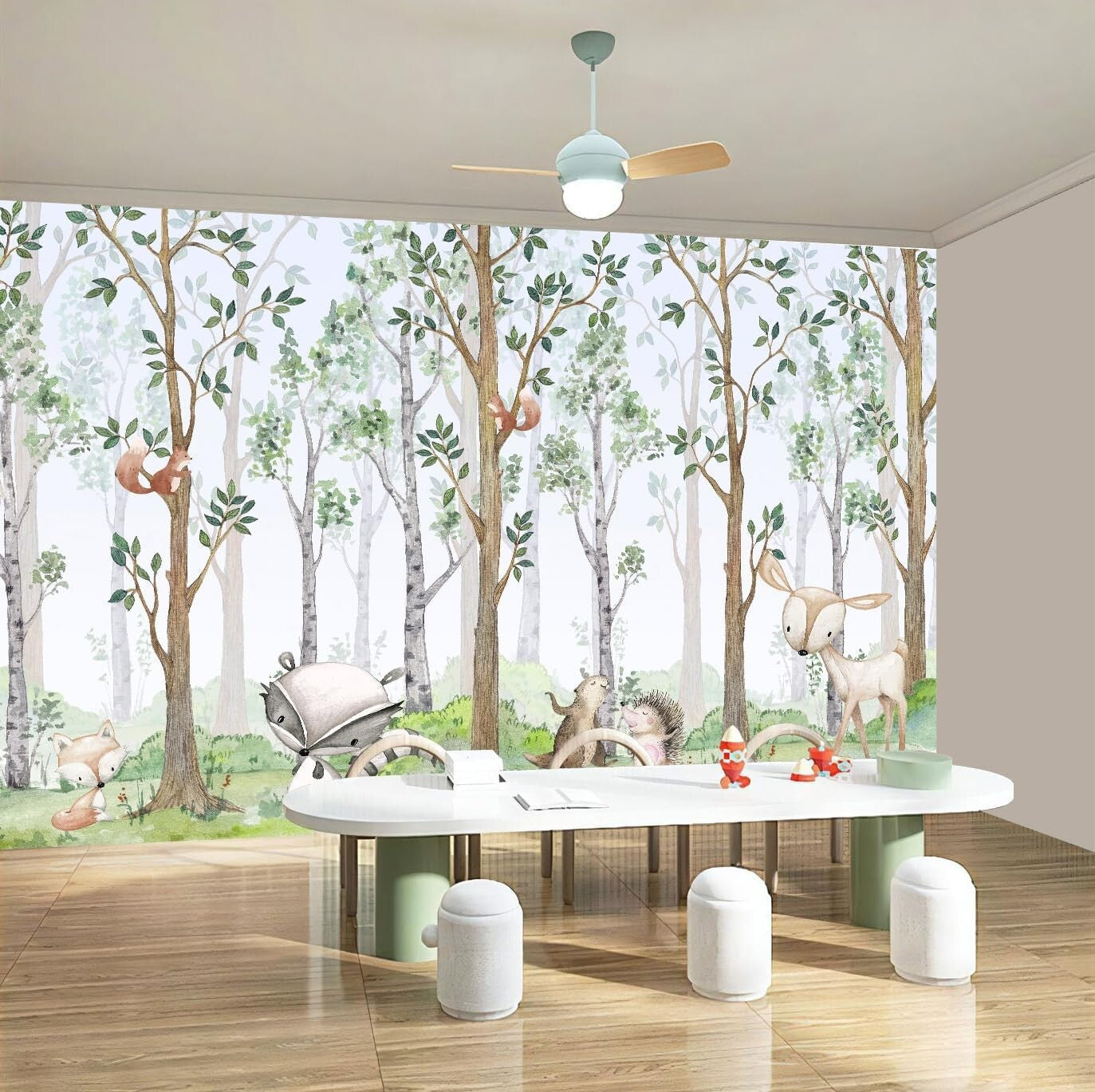 Durable Cartoon Animals Watercolor Wallpaper for Boys' and Girls' Rooms