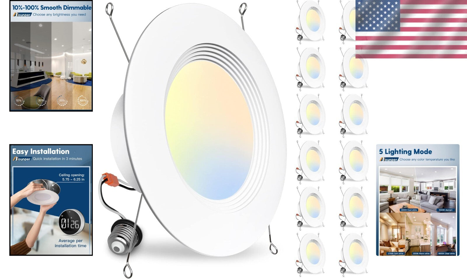 Versatile 12-Pack LED Recessed Light with Adjustable Color Temperature, Dimmable