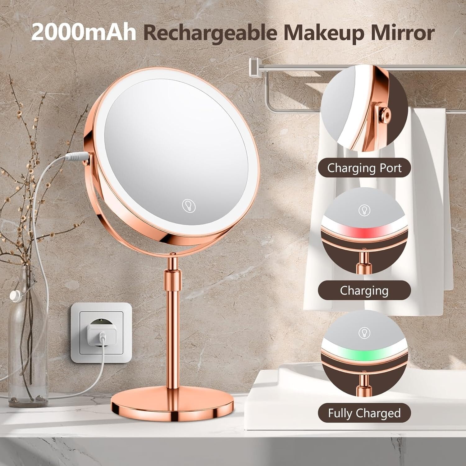 Elegant 8" Rose Gold Makeup Mirror - Rechargeable, 3 Light Modes & 360° Rotation