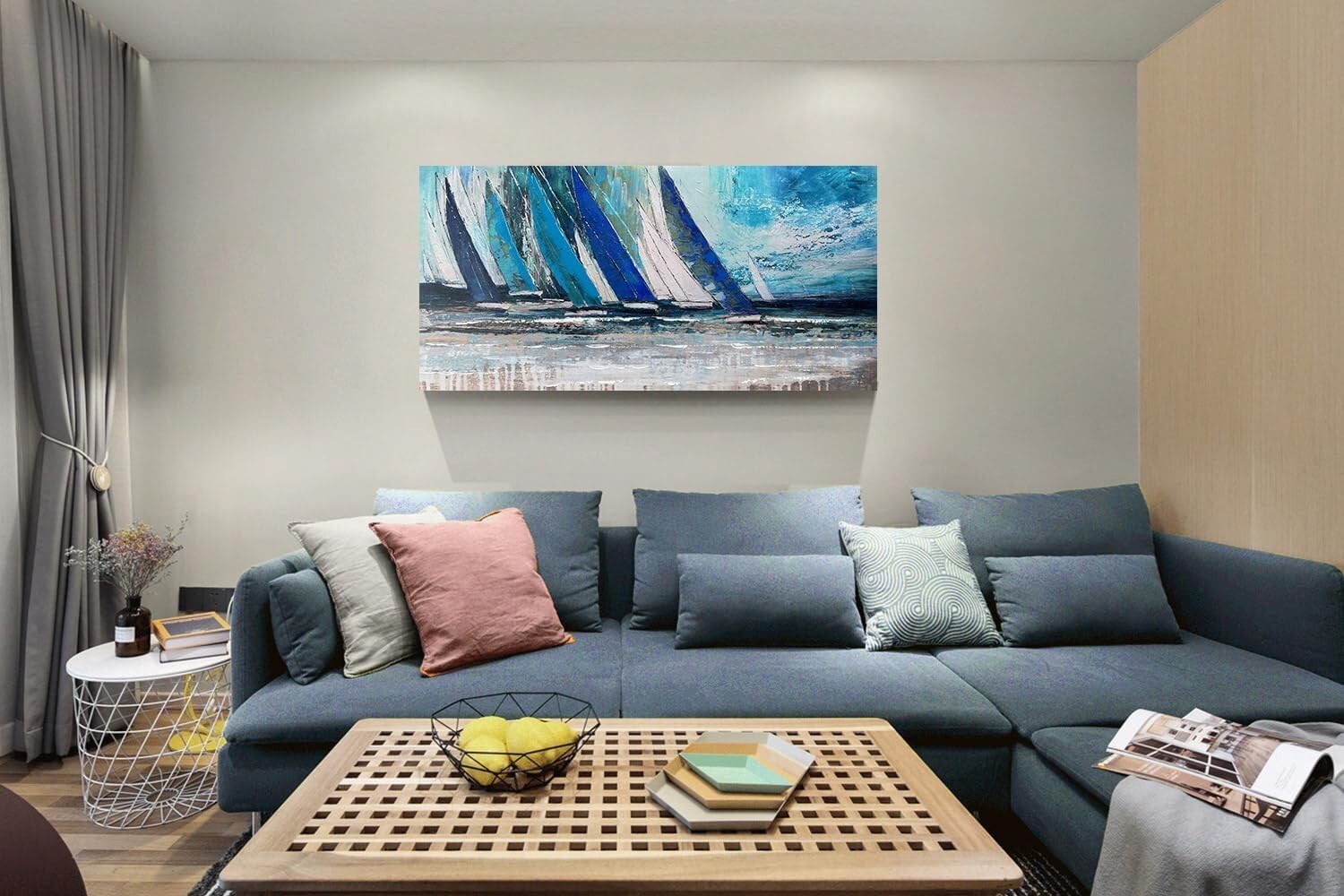 Coastal Blue Sailboat Canvas Art 48inx24in - UV-Resistant Nautical Decor