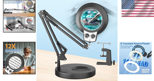 12X Hands-Free Magnifying Lamp with Adjustable LED Light for Crafts and Reading