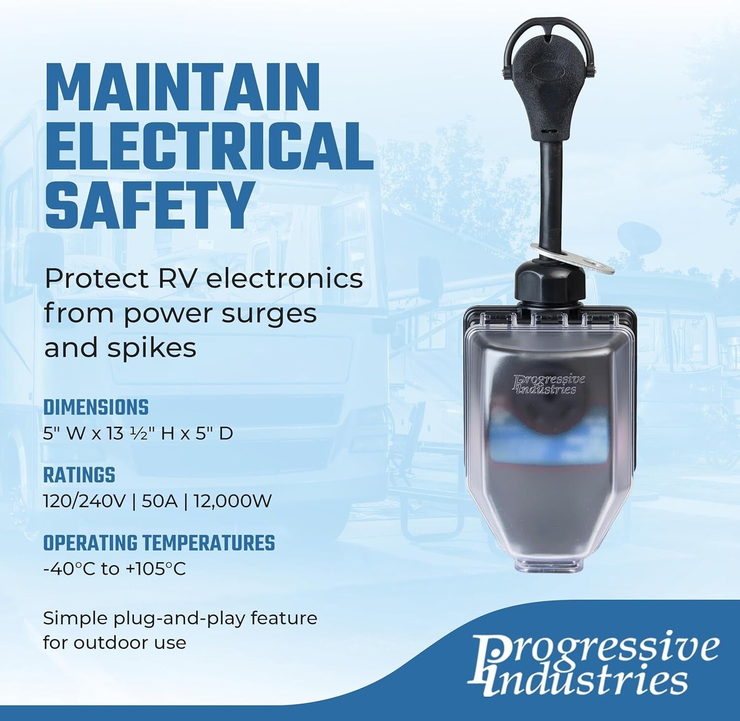 50 Amp Weatherproof RV Surge Protector - Absorbs Surges & Protects Electronics