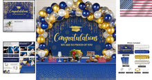 Load image into Gallery viewer, Complete Graduation Decor Bundle - Balloons, Backdrop &amp; Gold Dot Tablecloths
