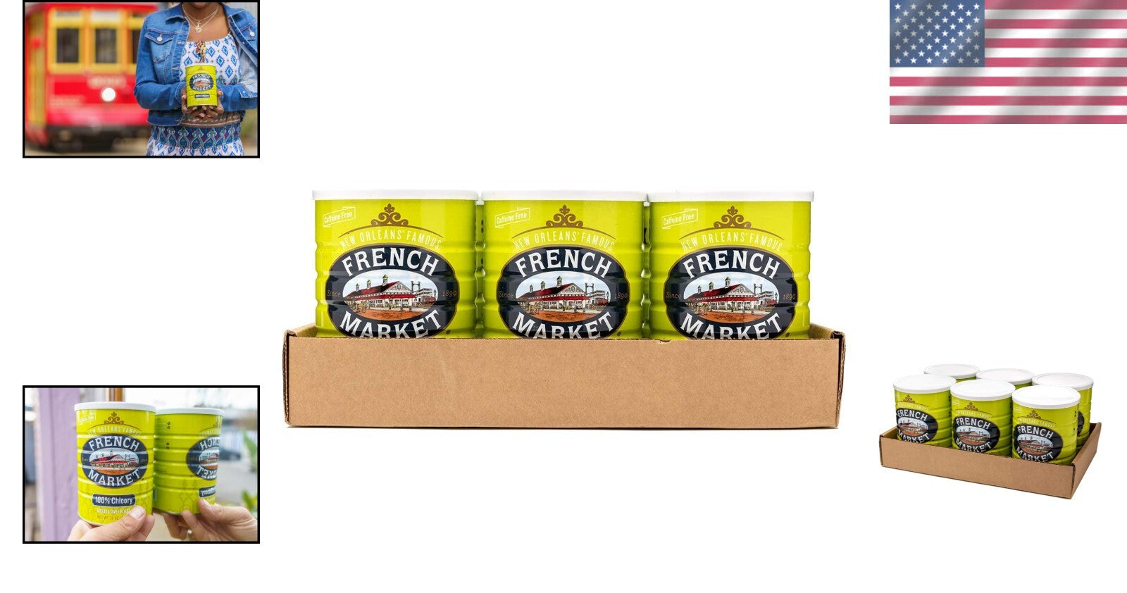 French Dark Roast Chicory - 6 x 16oz Cans, Caffeine-Free New Orleans Tradition