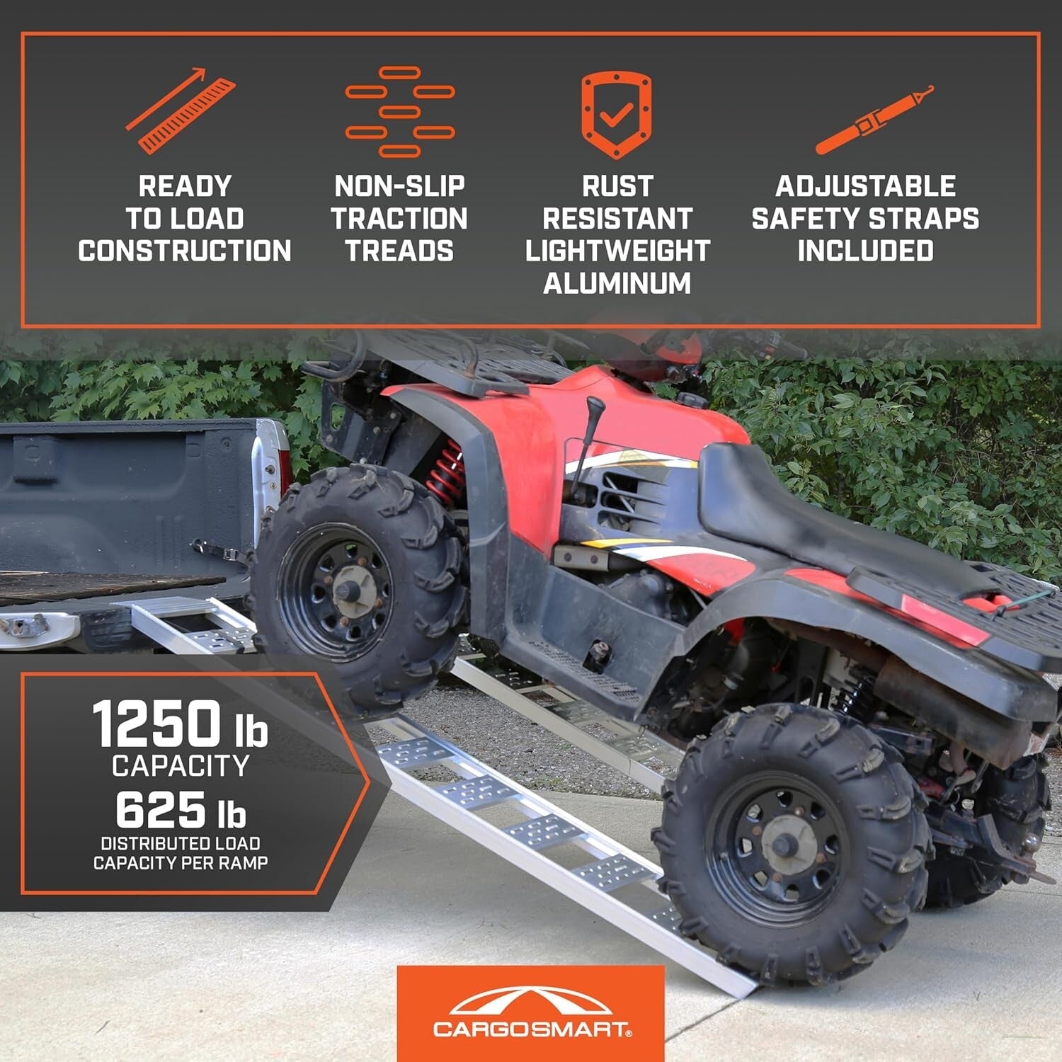 Durable Aluminum Loading Ramps - 1,250 lb Total Capacity with Traction Treads