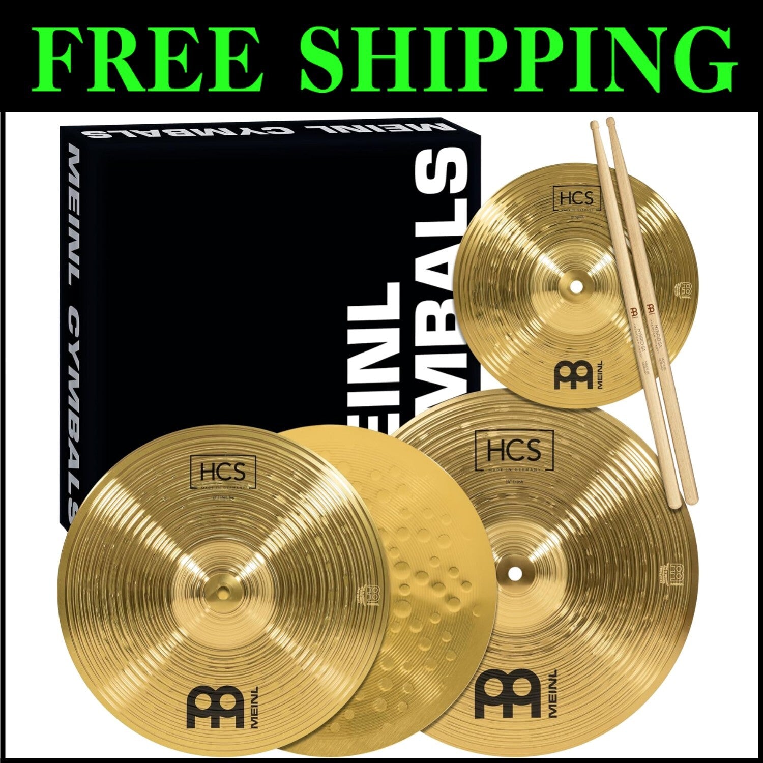 Meinl HCS Cymbal Set - 13" Hi-Hats, 14" Crash & 10" Splash, 5A Sticks Included