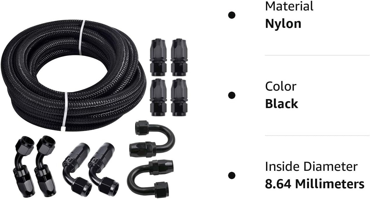 Durable 6AN 20FT Nylon Stainless Steel Braided Fuel Line with 10PCS Fittings