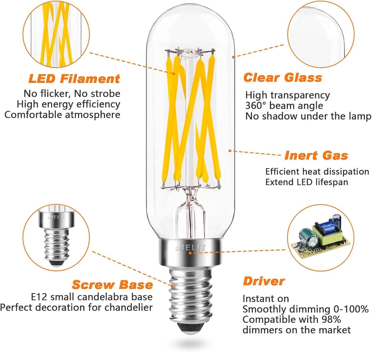 Smooth Dimming Antique Glass T8 LED Bulbs, 3000K Soft White, 8-Pack E12 Base