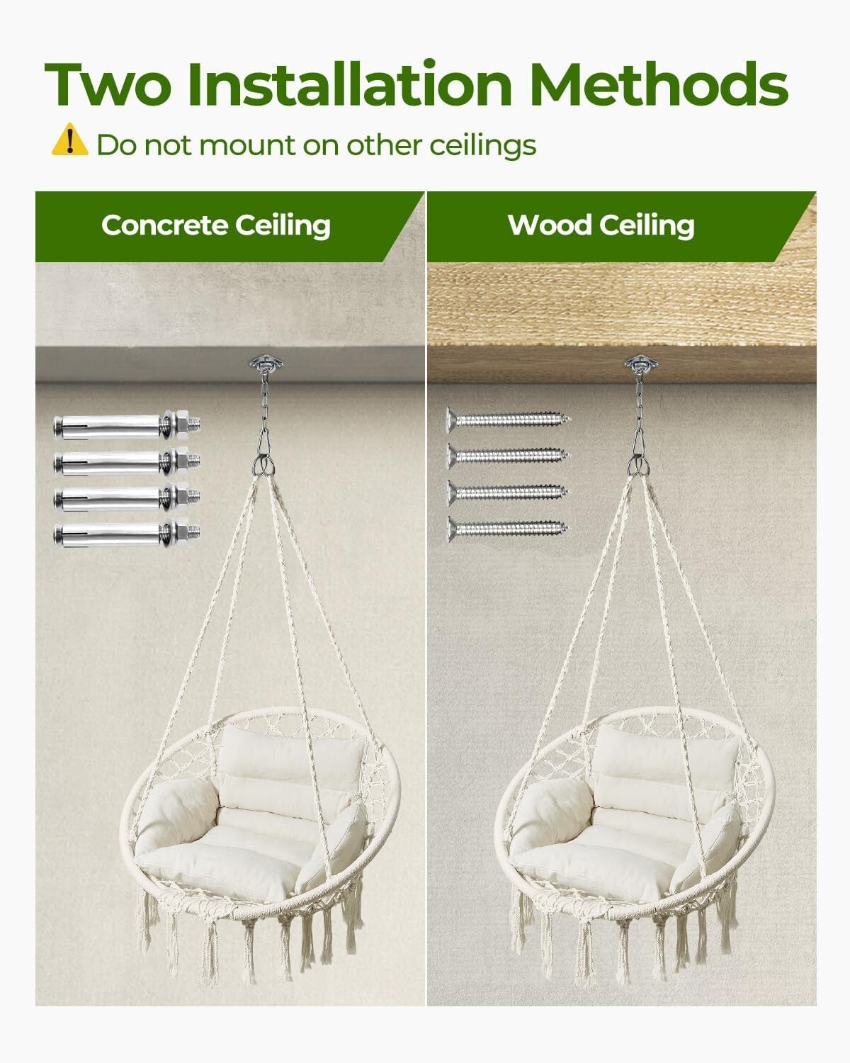 Versatile Macrame Hanging Chair with Adjustable Cushion – 330lbs Capacity, Beige