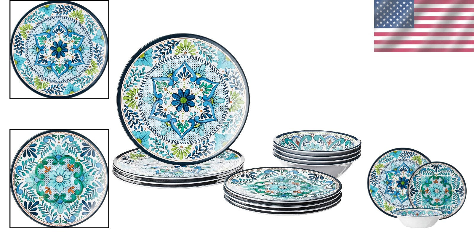 Lightweight Shatterproof 12-Piece Dinnerware Inspired by Classic Talavera Design