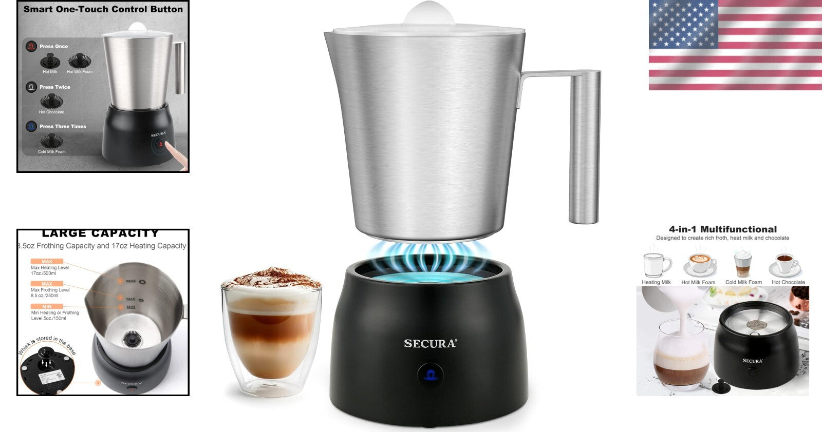 Stainless Steel Electric Milk Frother & Hot Chocolate Maker - 17oz Capacity