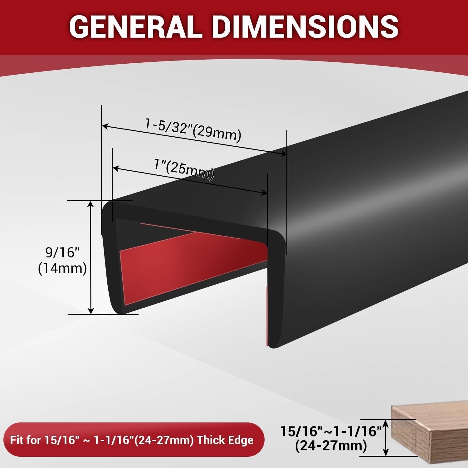 EPDM Rubber 1" Edge Trim - Easy Install Decorative Trim for Cabinets & Desks