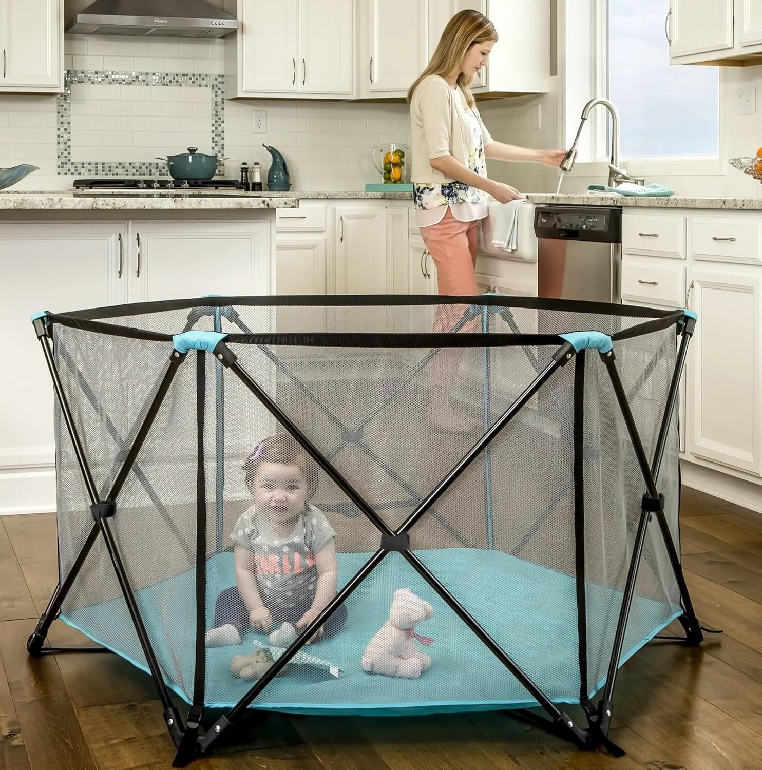 Portable 6-Panel Play Yard for Infants - Aqua Indoor/Outdoor Safety Solution