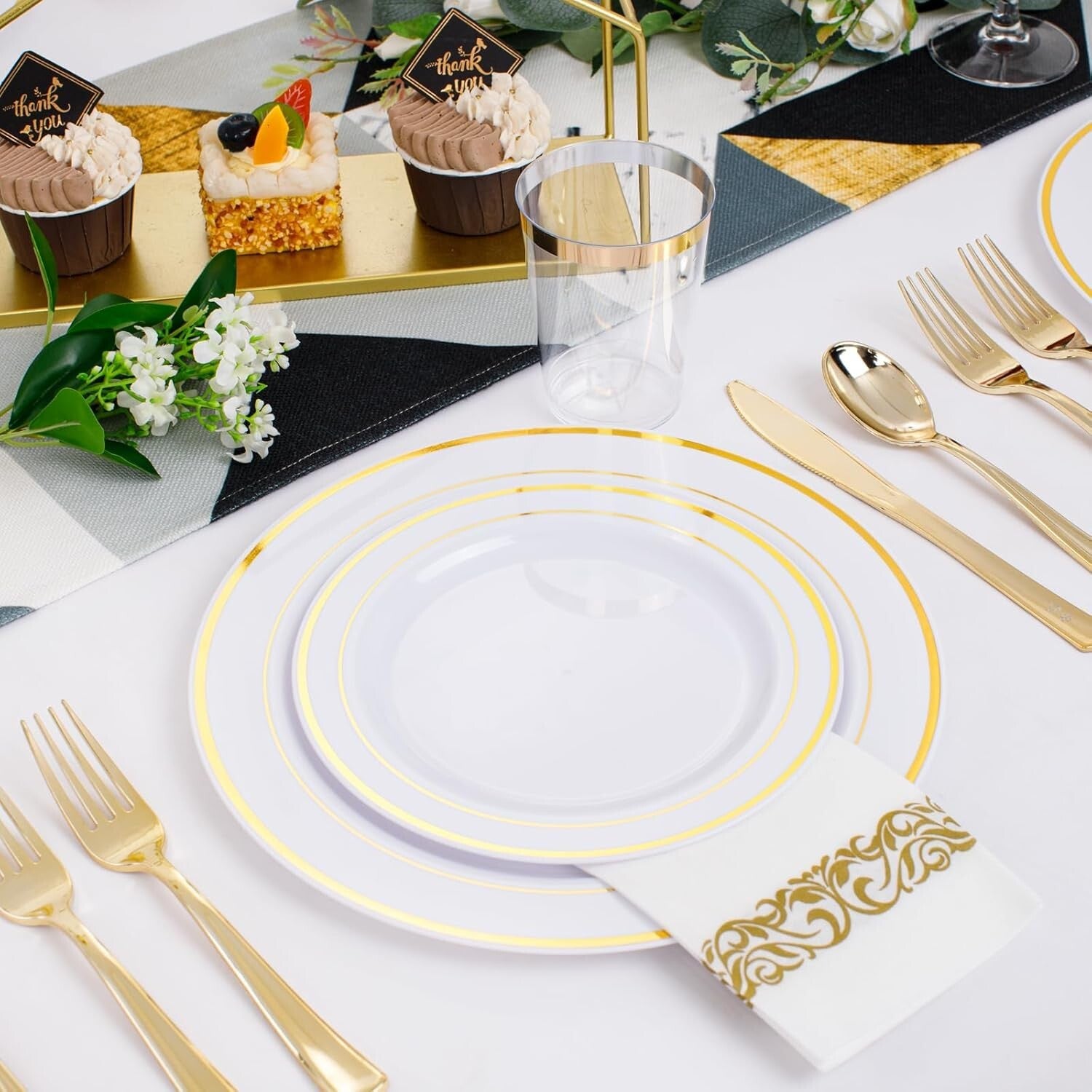 Elegant 350-Piece Gold Plastic Dinnerware Set for 50 Guests - Complete Party Kit