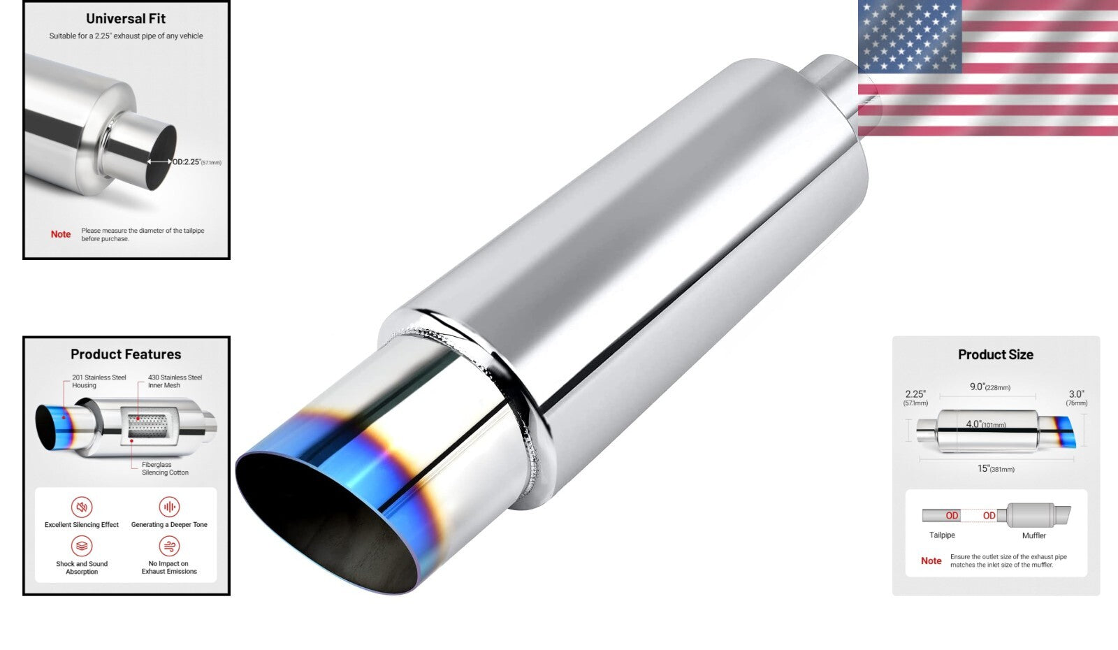 2.25" Inlet Stainless Steel Exhaust Tip, 15" Length, Premium Sound Control