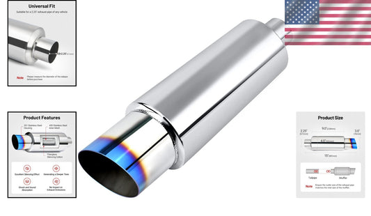 2.25" Inlet Stainless Steel Exhaust Tip, 15" Length, Premium Sound Control