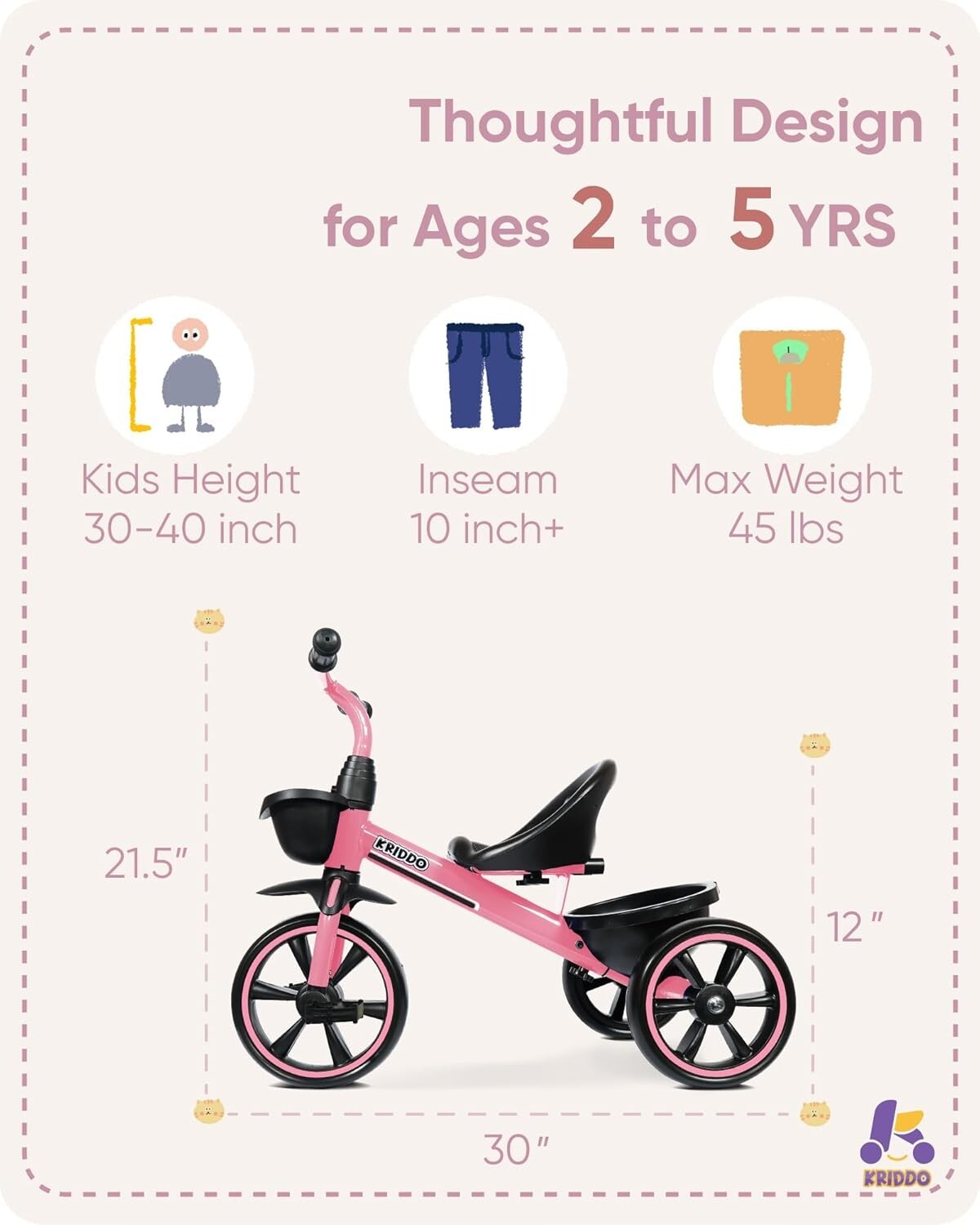 Durable Pink Tricycle for 2-4 Year Olds - Safety First with Ergonomic Comfort