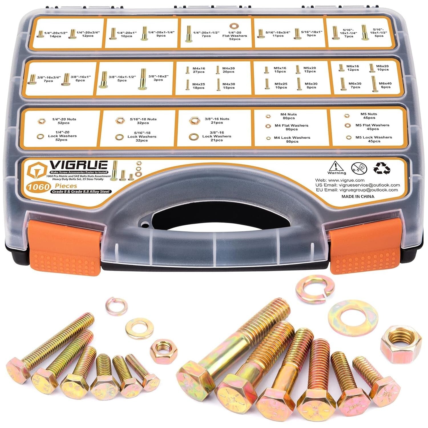 25 Size Hex Bolts Nuts Assortment Kit - 1060PCS Alloy Steel Fasteners Set