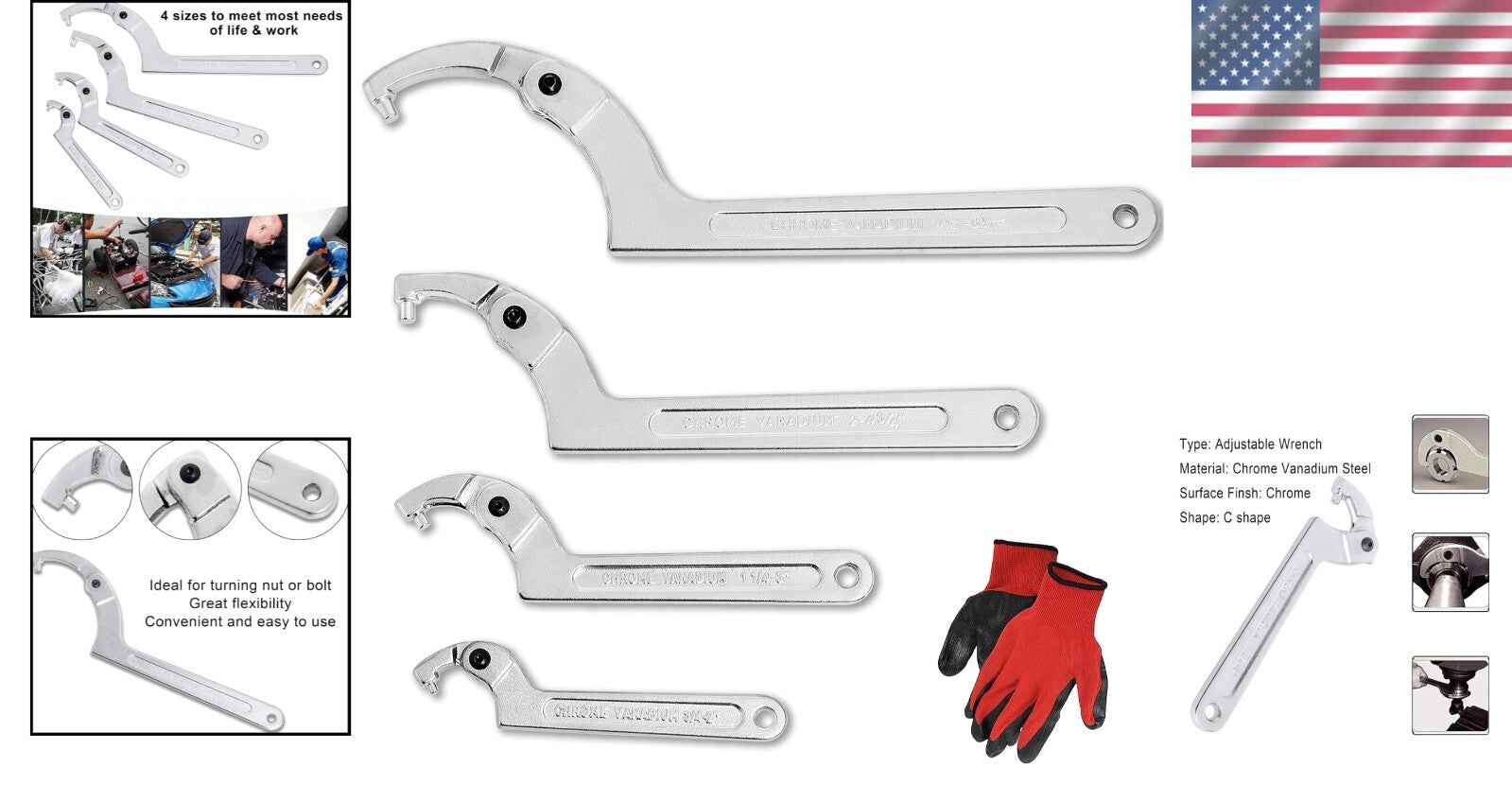4-Piece Adjustable Spanner Hook Wrench Set for Hydraulic Ram & Mechanical Gear