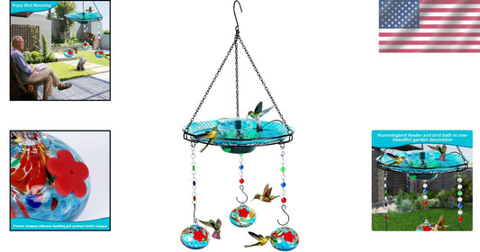 Luxury Hanging Bird Feeder and Bath for Hummingbirds - Solar Fountain Included