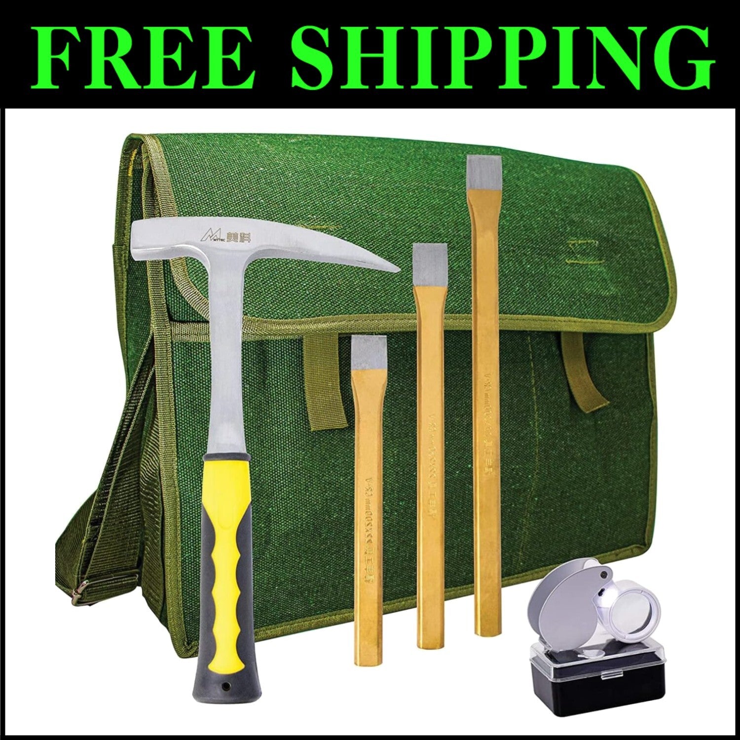 Complete Rockhounding Gear: Carbon Steel Hammer & Chisels in Stylish Musette Bag