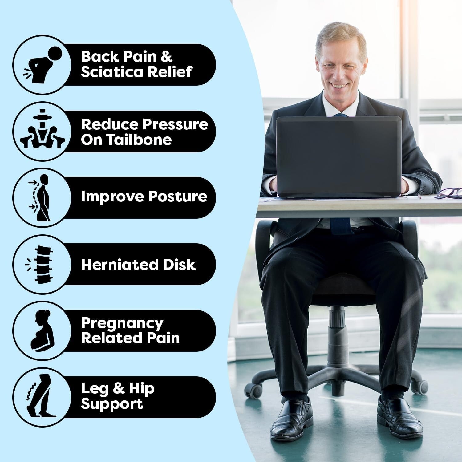 Extra Thick High-Density Memory Foam Seat Cushion for Back Pain Relief - Black