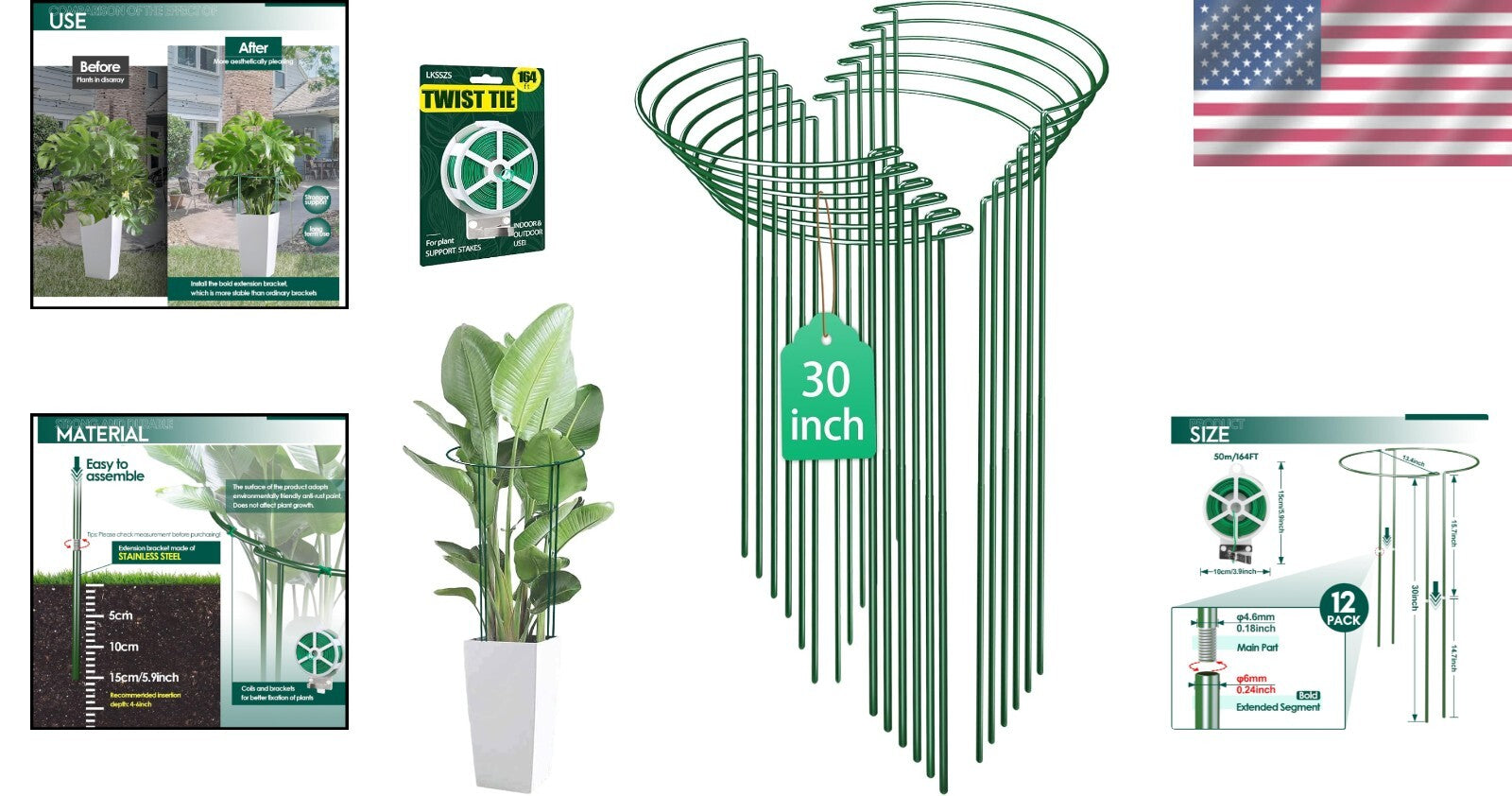 30-Inch Adjustable Garden Support Stakes - 12 Heavy-Duty Iron Stakes for Plants