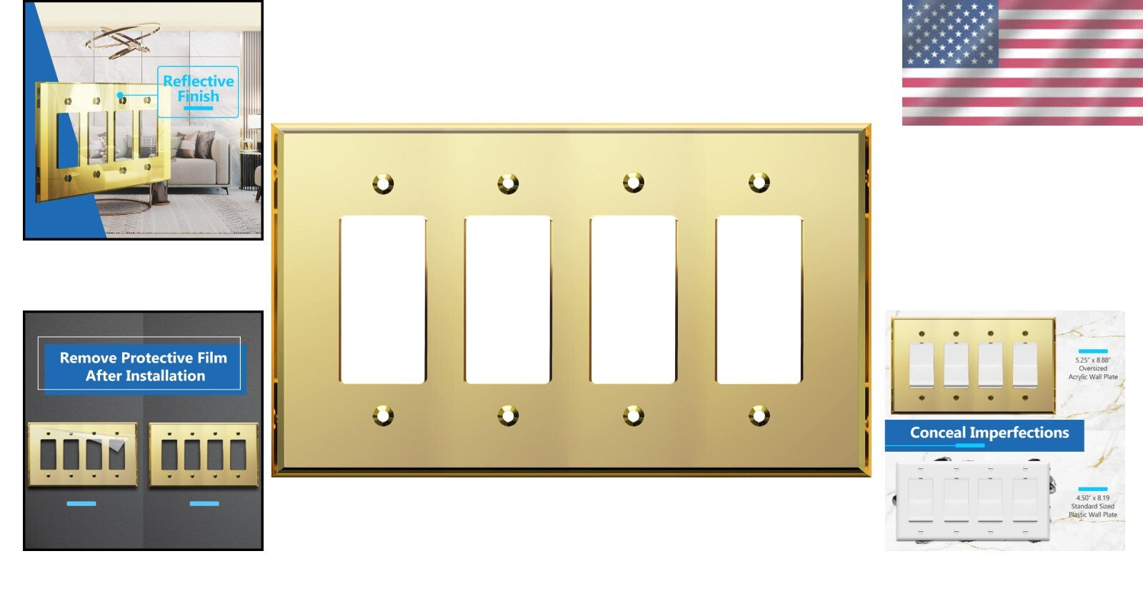 Chic 4-Gang Gold Acrylic Wall Plate with Reflective Finish - Luxe Decor Upgrade