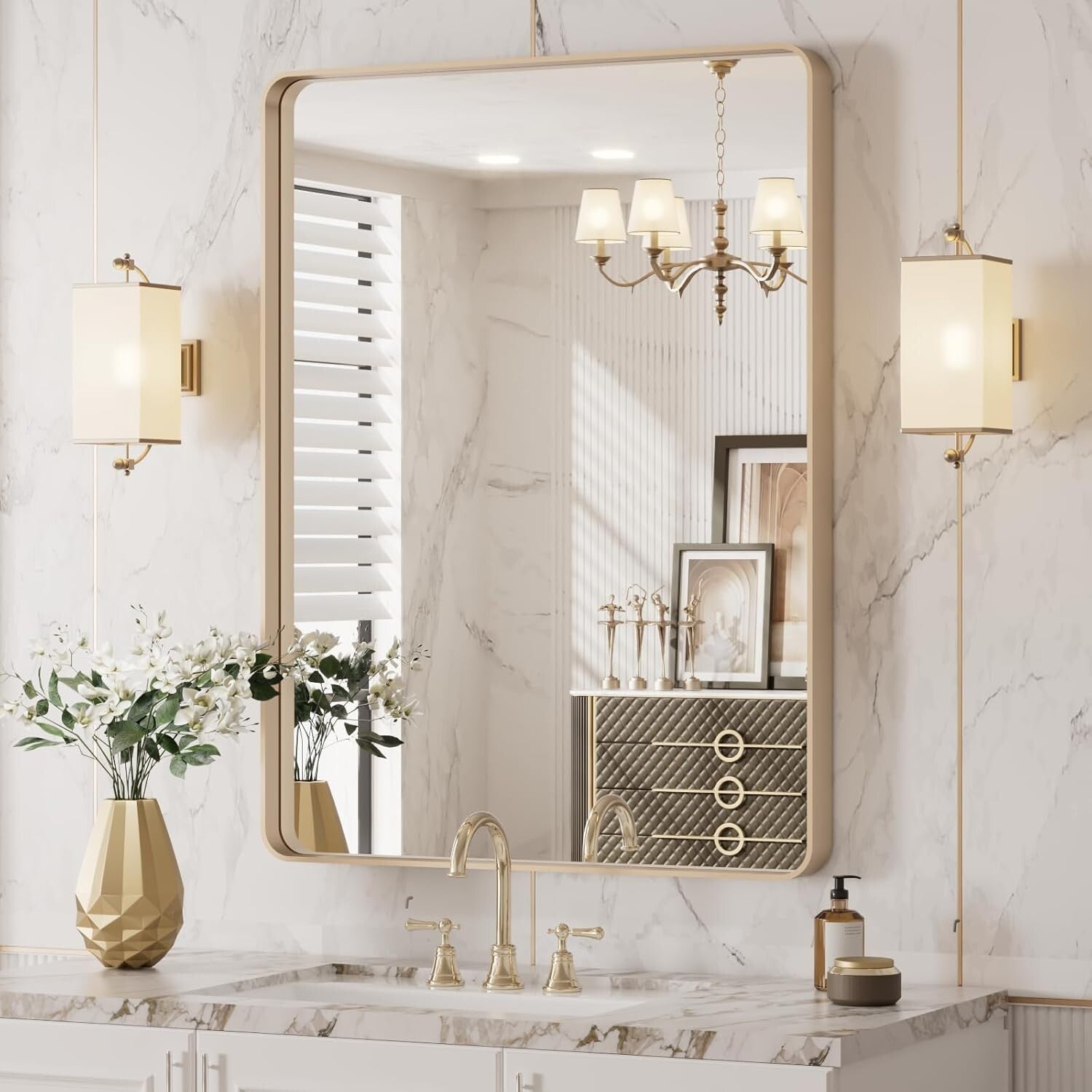 Stylish 20”x30” Gold Frame Wall Mirror - Ideal for Bathroom or Living Spaces
