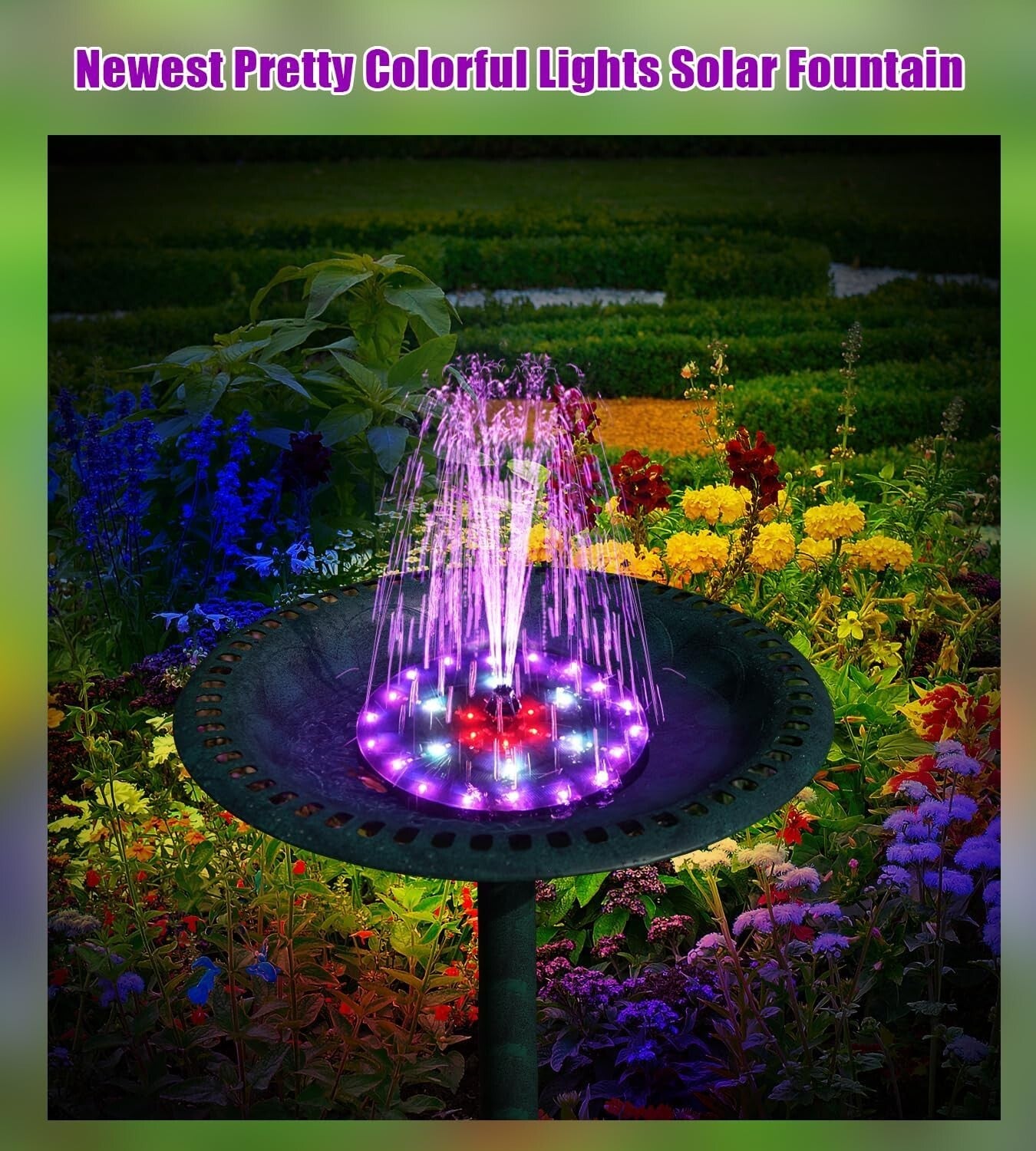 Solar-Powered Fountain with 60 Colorful LEDs, 7 Water Styles & Anti-Drift Fixers