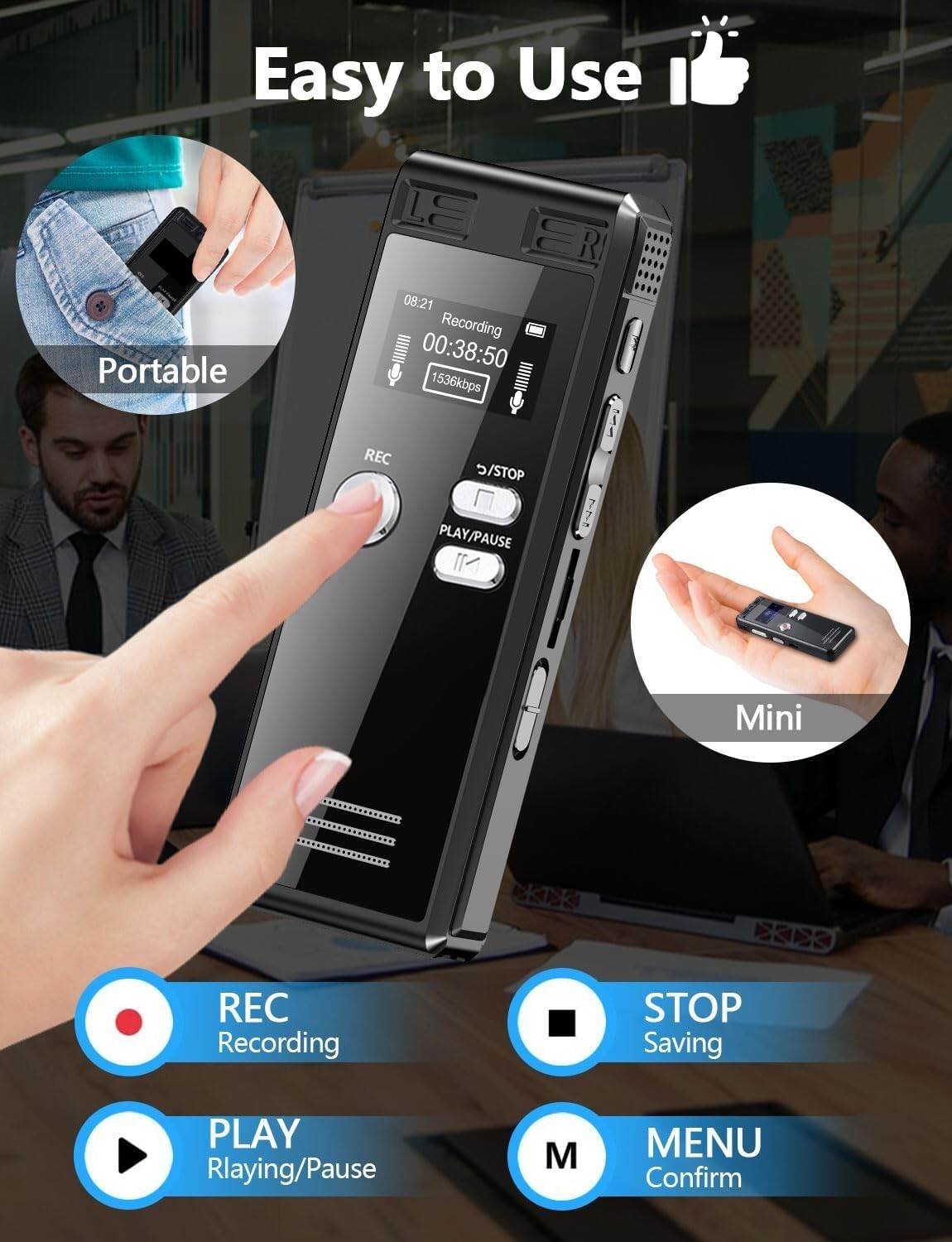 Compact HD Digital Voice Recorder - 128GB, Voice-Activated with 3072kbps Quality