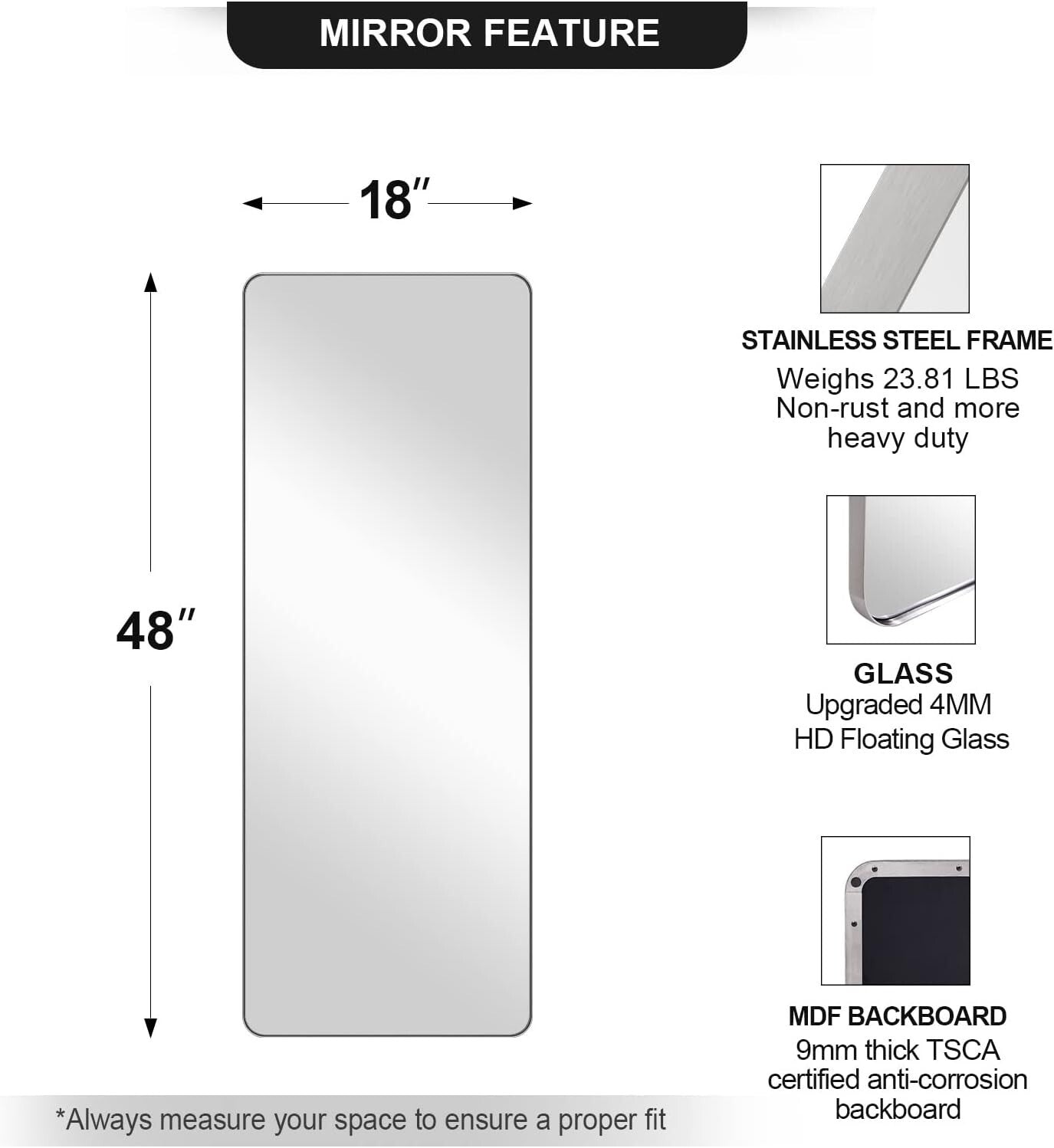 Modern 48"L x 18"W Full Length Mirror with Stainless Steel Frame - Easy Install