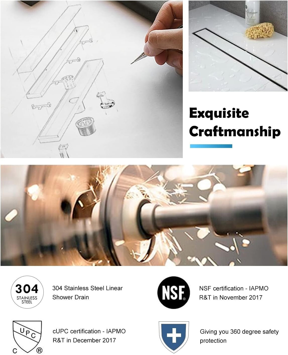 304 Stainless Steel Shower Drain with Adjustable Feet and Hair Strainer, 18 Inch