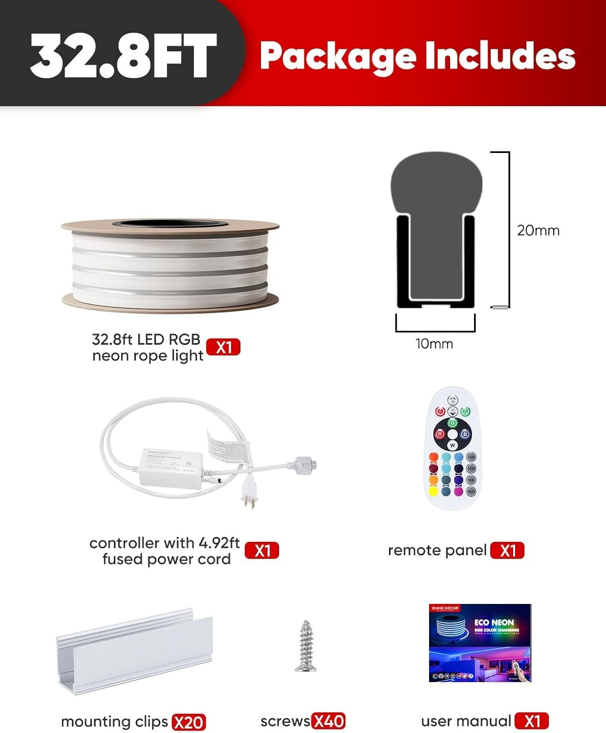 Bright RGB LED Neon Rope Light 32.8FT - Remote Controlled & Waterproof