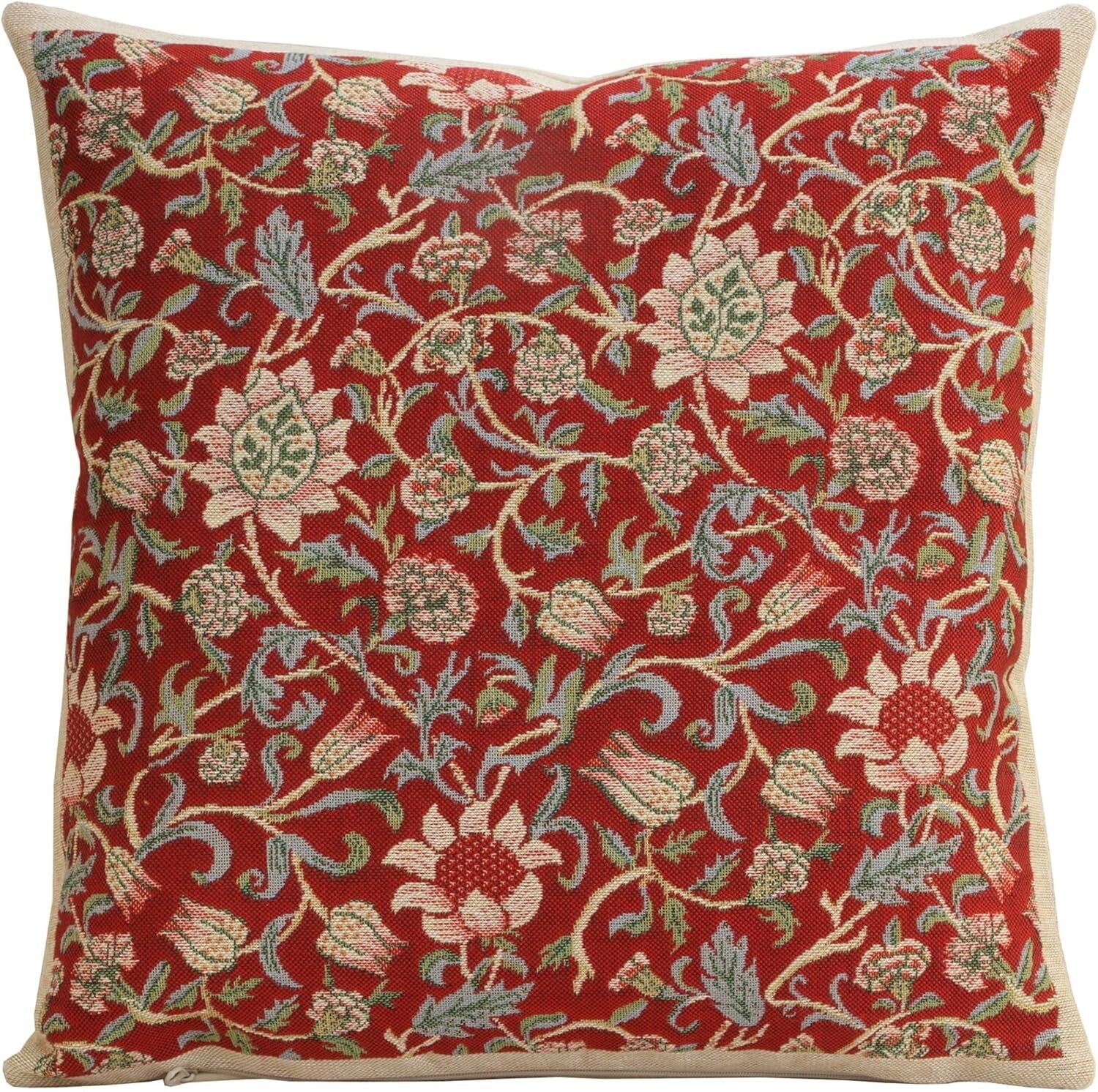 Chic 16x16 Throw Pillow Cover in Fleurs De Morris Red - Hand-Finished Design