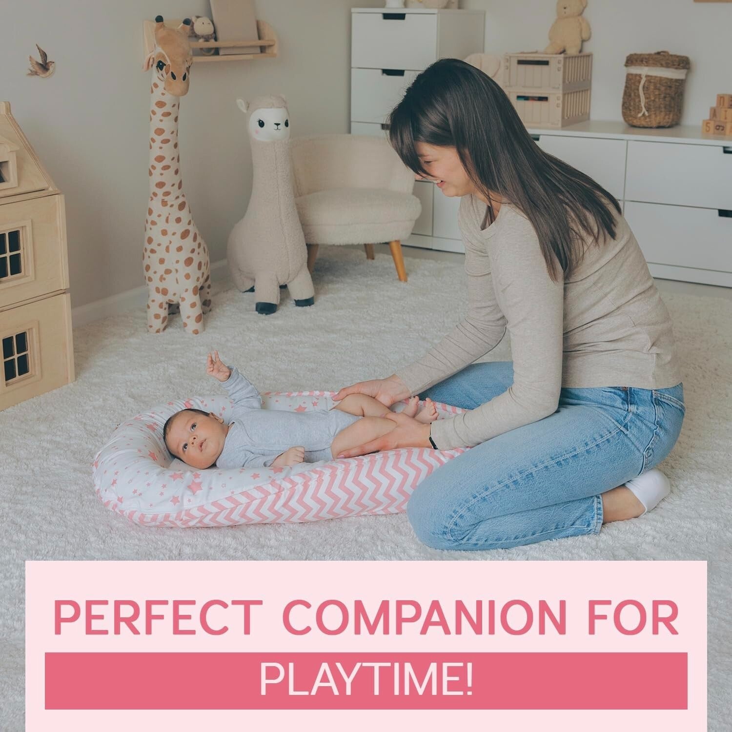 Organic Cotton Baby Nest Lounger - Reversible Adjustable Pink Star Collection