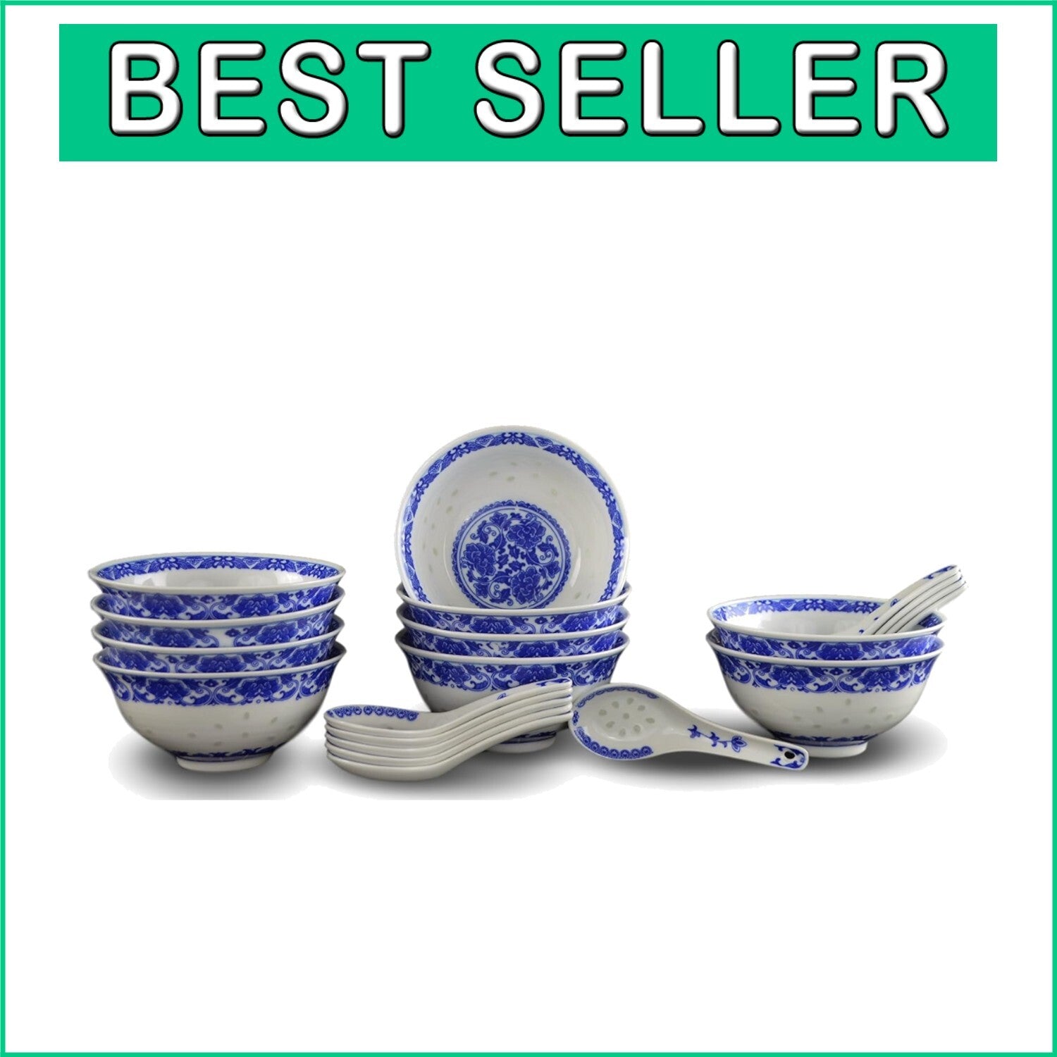 Elegant Blue & White Porcelain Bowls with Free Spoons - 10 pcs, 237ml Each