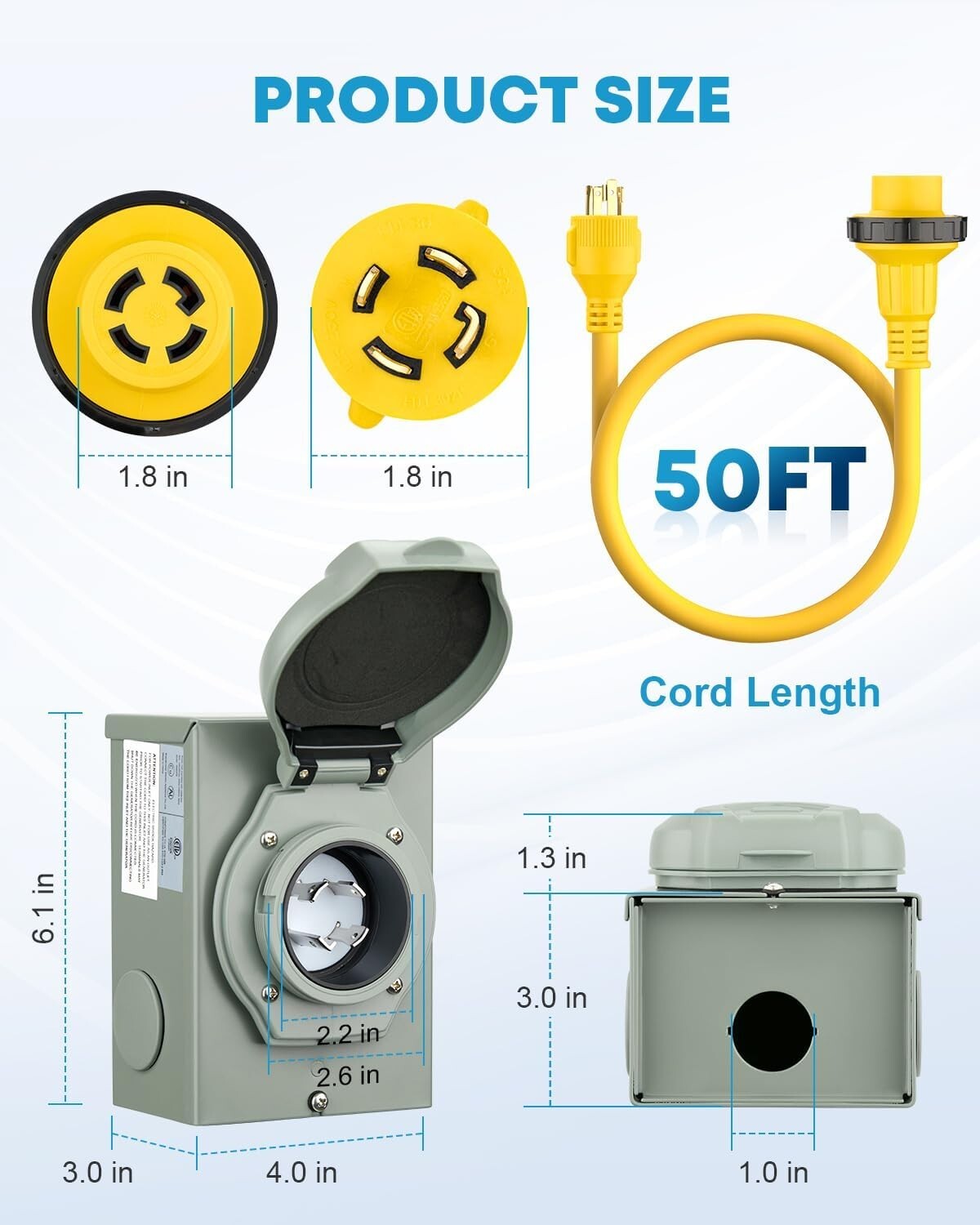 Reliable 30 Amp Generator Cord with Weatherproof Inlet Box & Organizer - 50FT