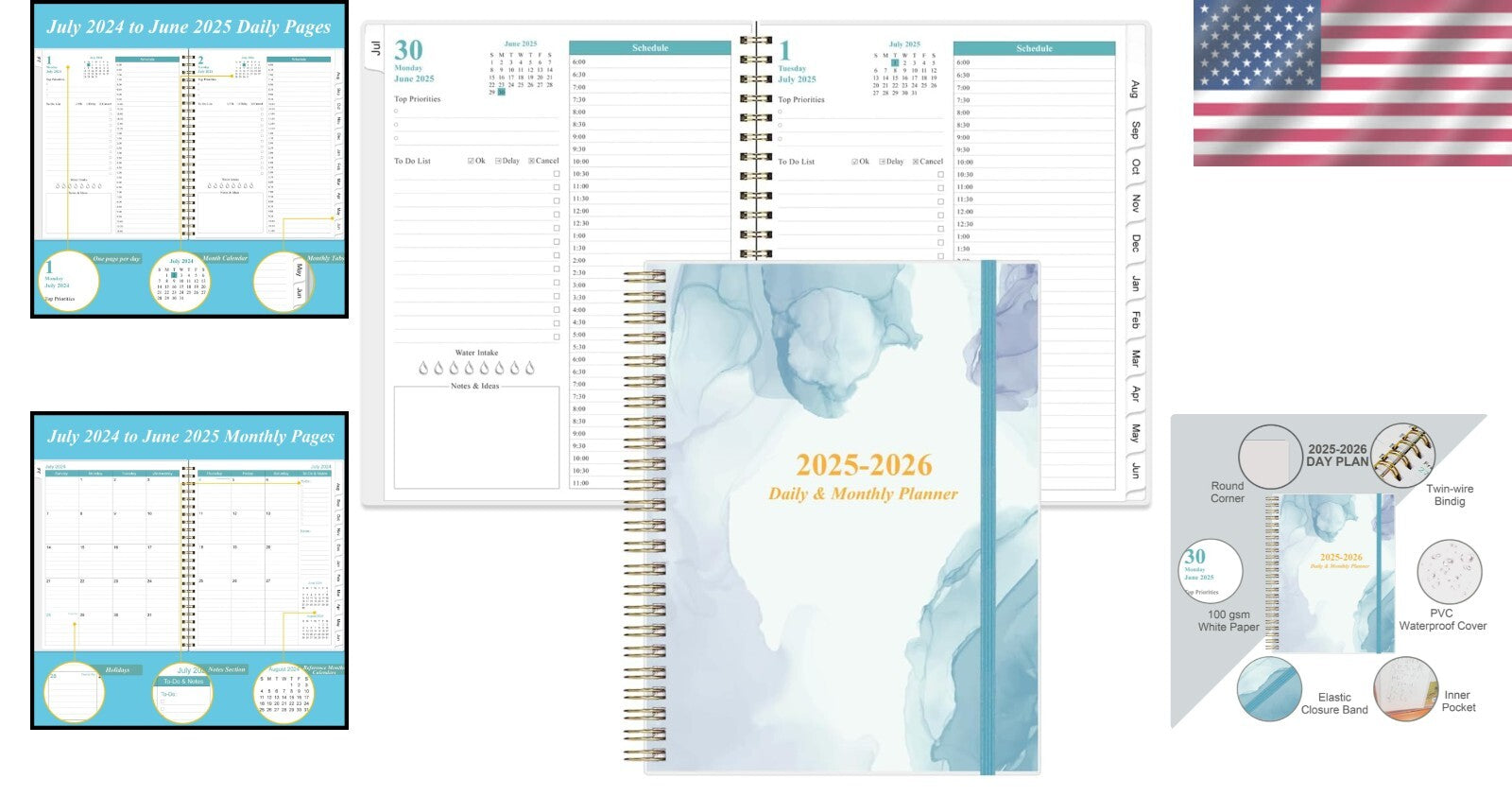Elegant 2025-2026 Daily Planner with 12 Monthly Tabs - 11" x 8.5" Blue Design