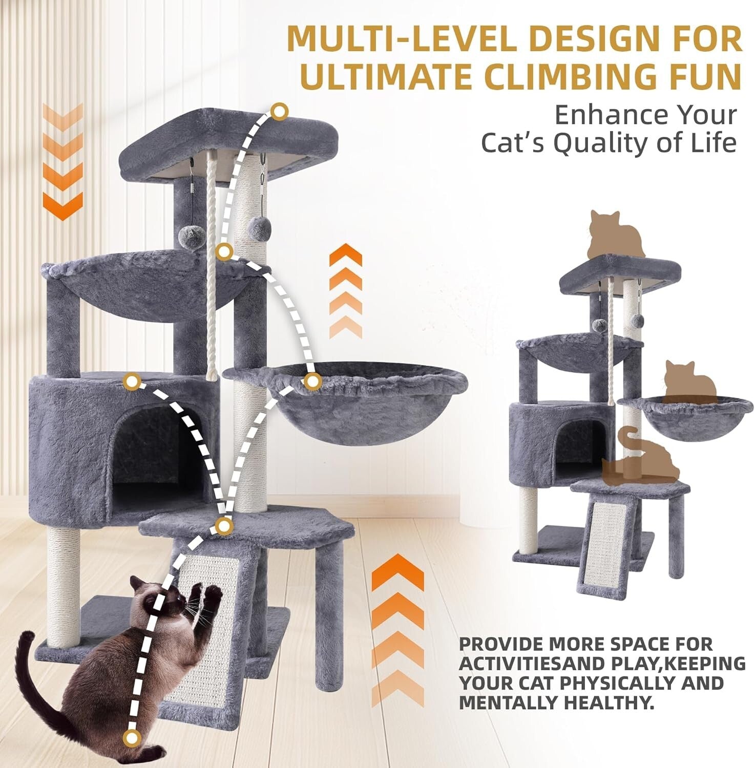 Stylish Grey Three-Level Cat Tree with Two Relaxing Hammocks & Condo Space
