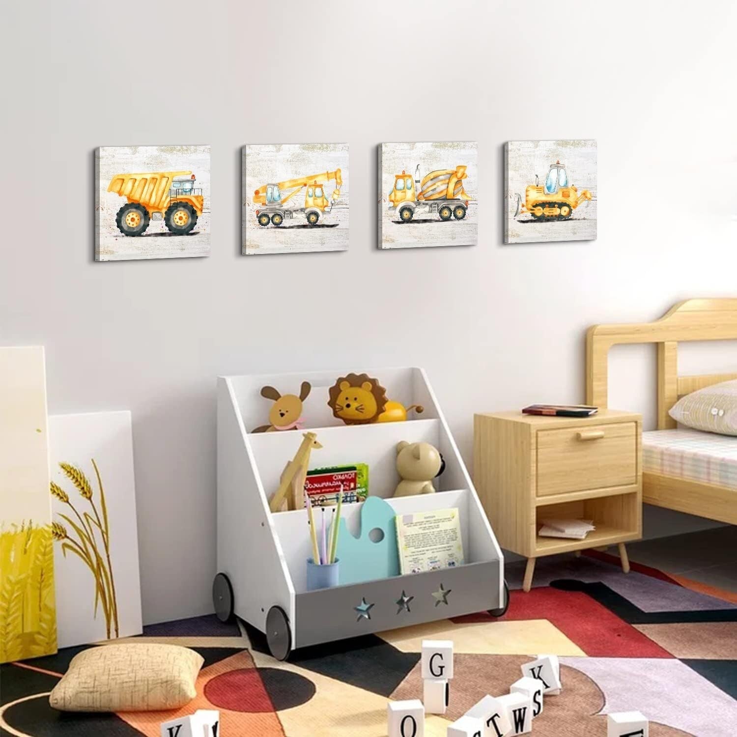 Eco-Friendly Construction Vehicle Canvas Art Set for Kids Room - 14x14 Inches