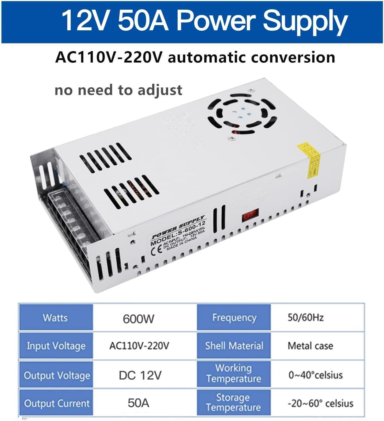 Efficient Switching Power Supply 12V 50A 600W - Adjustable AC 110V/220V Input
