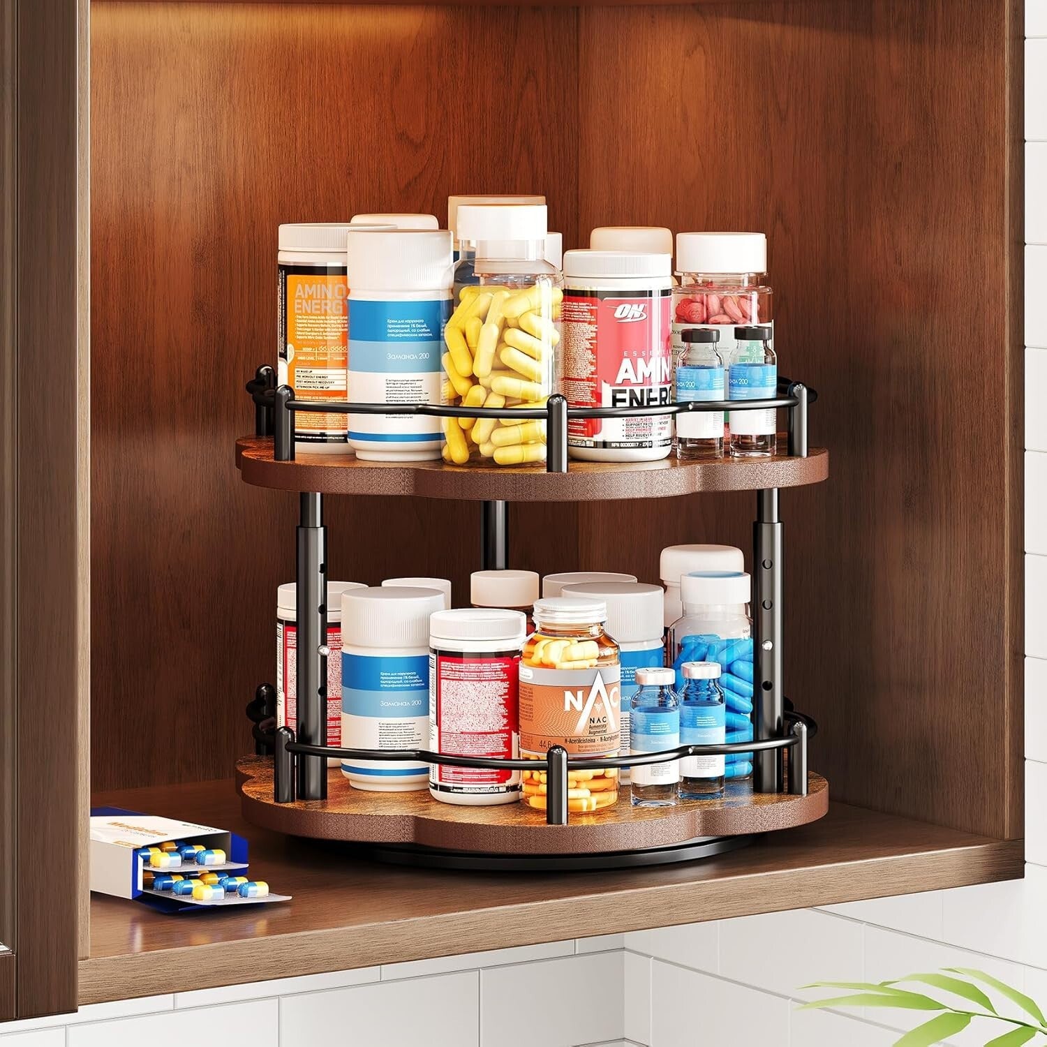 Adjustable Height Lazy Susan Spice Organizer for Cabinet - Unique Flower Design