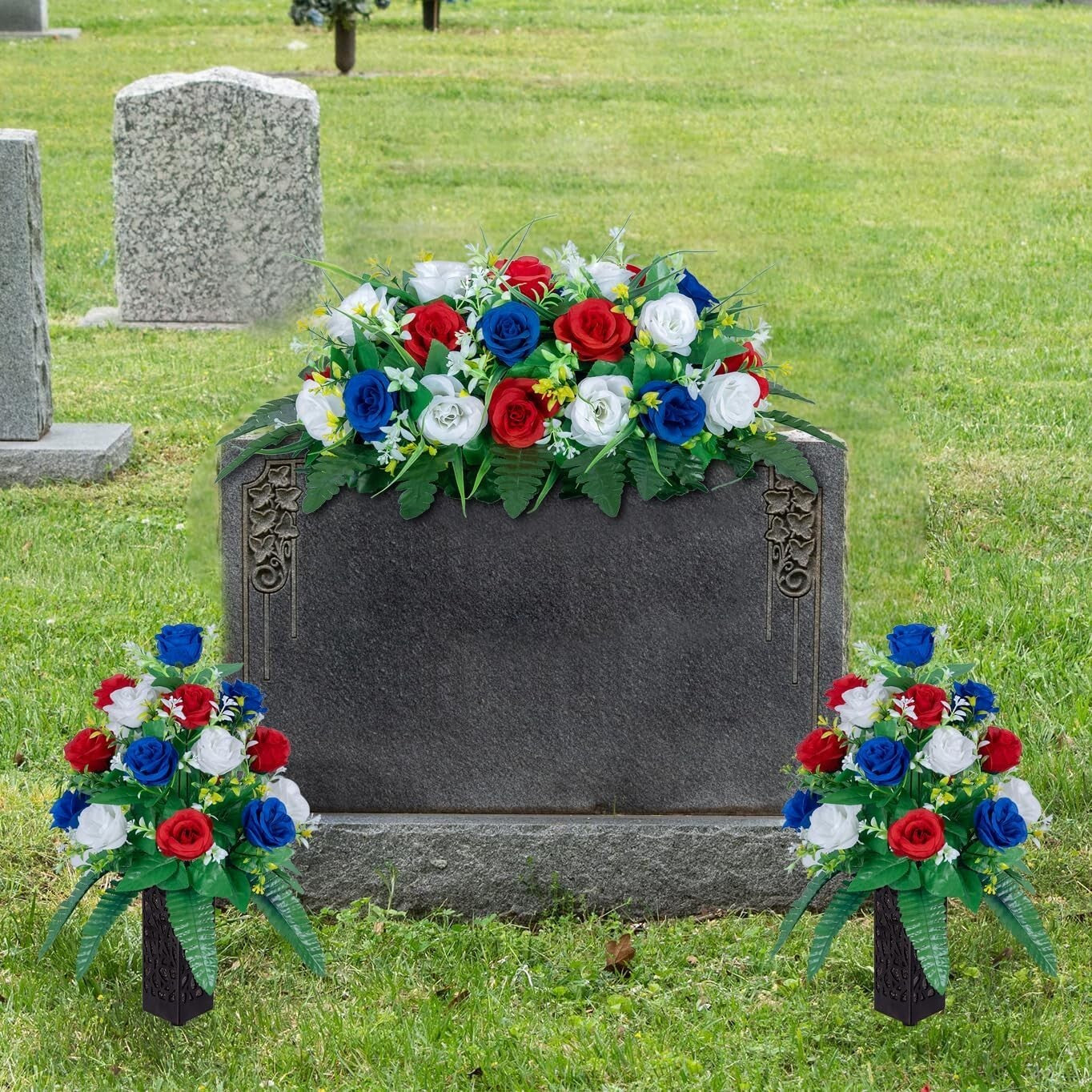 Vibrant Silk Cemetery Flower Saddle - Rose Combo for Lasting Outdoor Elegance