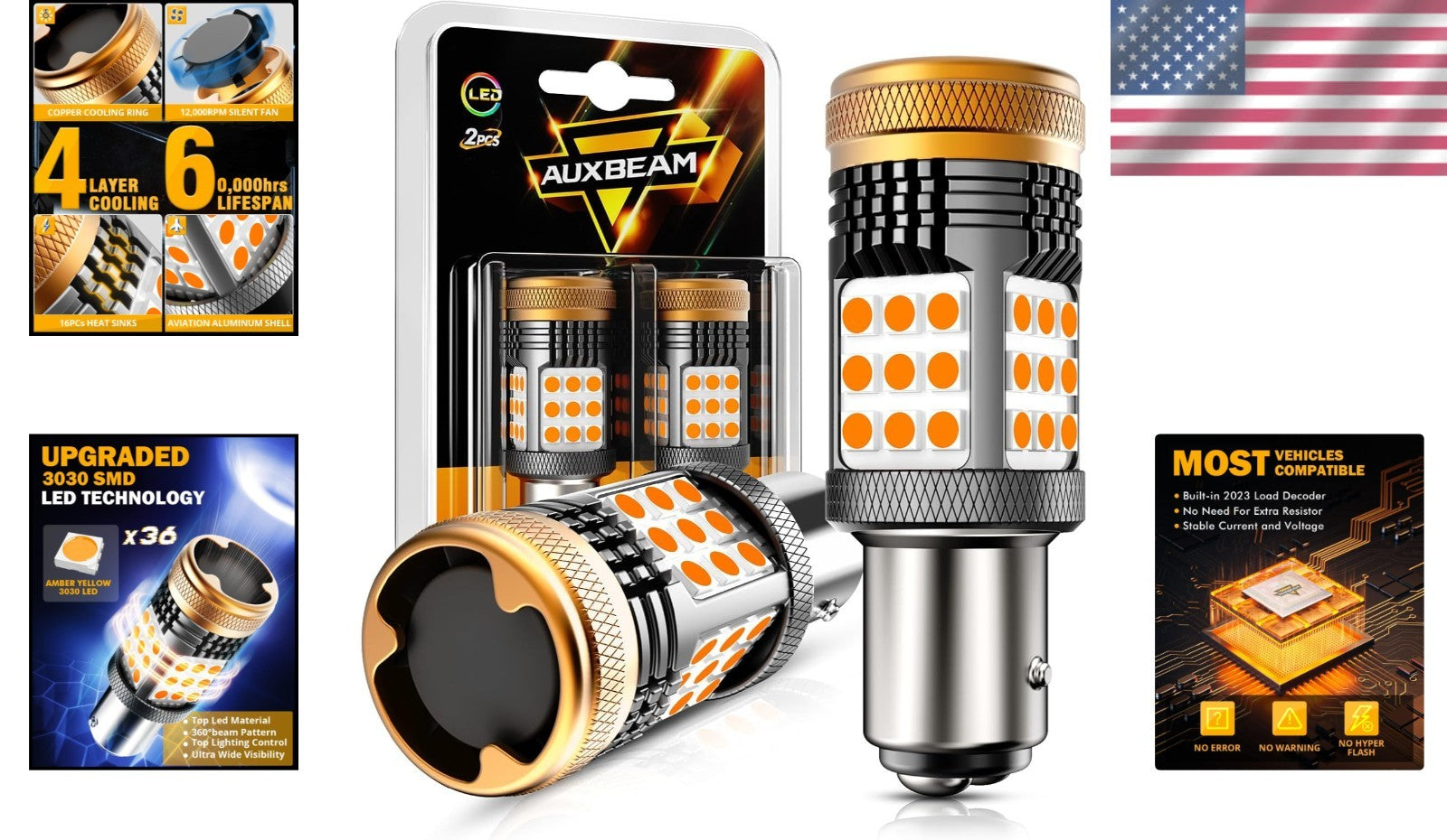 Amber Yellow LED 1157, 600% Brighter Turn Signal with Built-in Resistor System