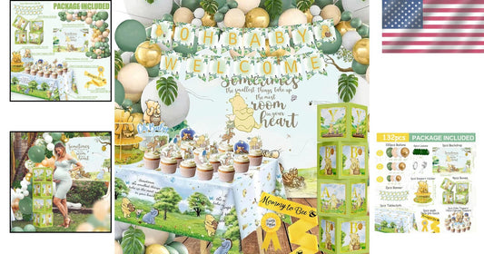 132pcs Vintage Winnie the Pooh Baby Shower Decoration Kit - All-in-One Party Set