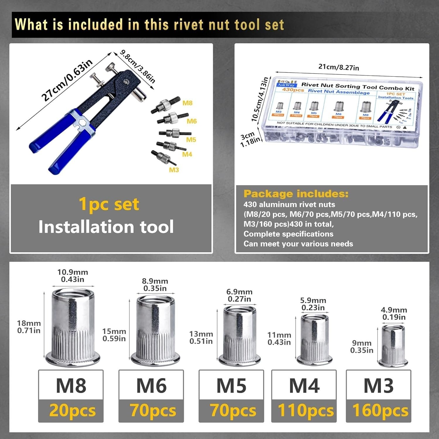 Lightweight 430PCS Rivet Nut Kit with Clear Storage Box - M3 to M8 Thread Sizes
