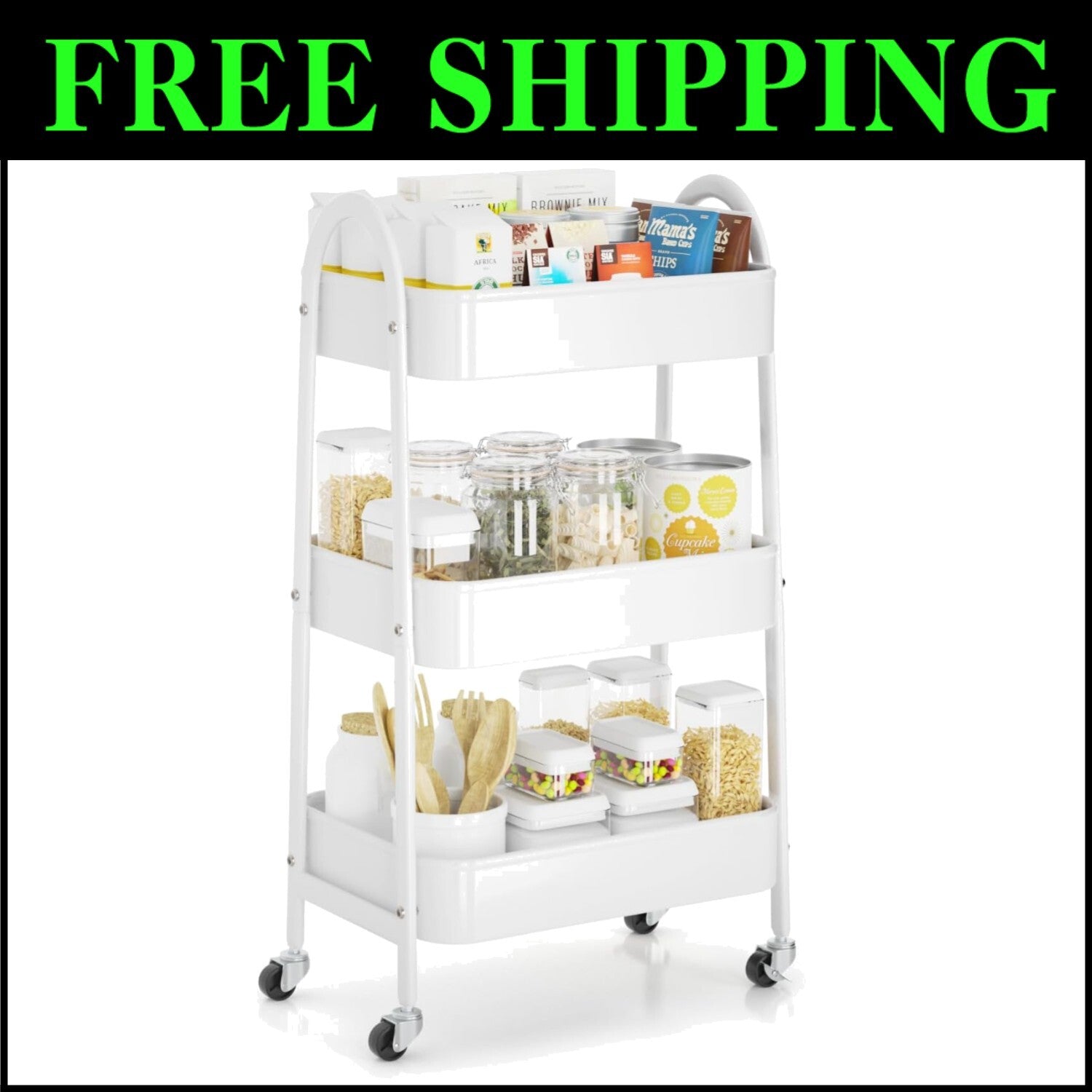 3 Tier Rolling Storage Cart - Lockable Wheels & Sturdy Metal Design in White