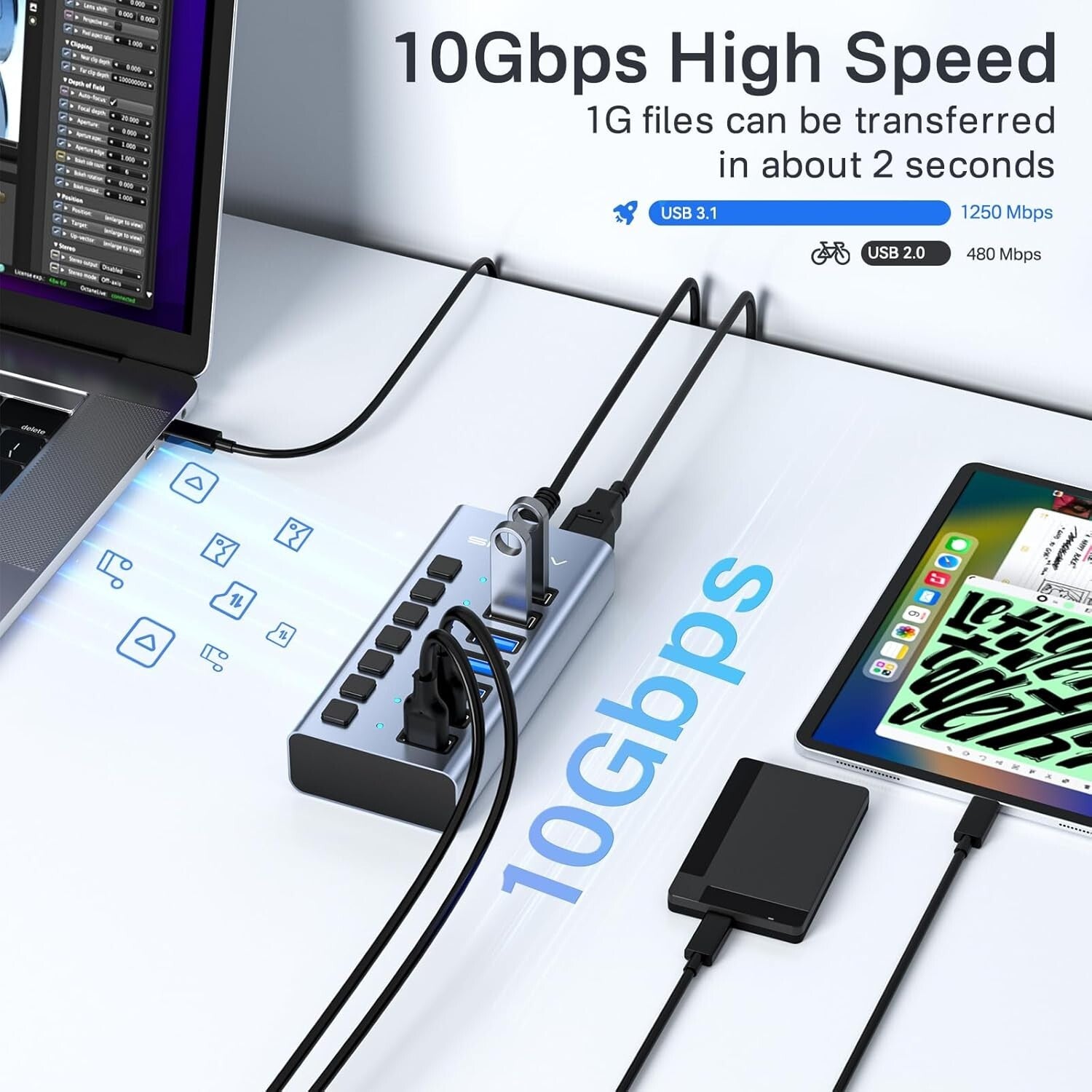Powered USB 3.1 Hub: 7 High-Speed Ports with Switches for Safe Charging Needs