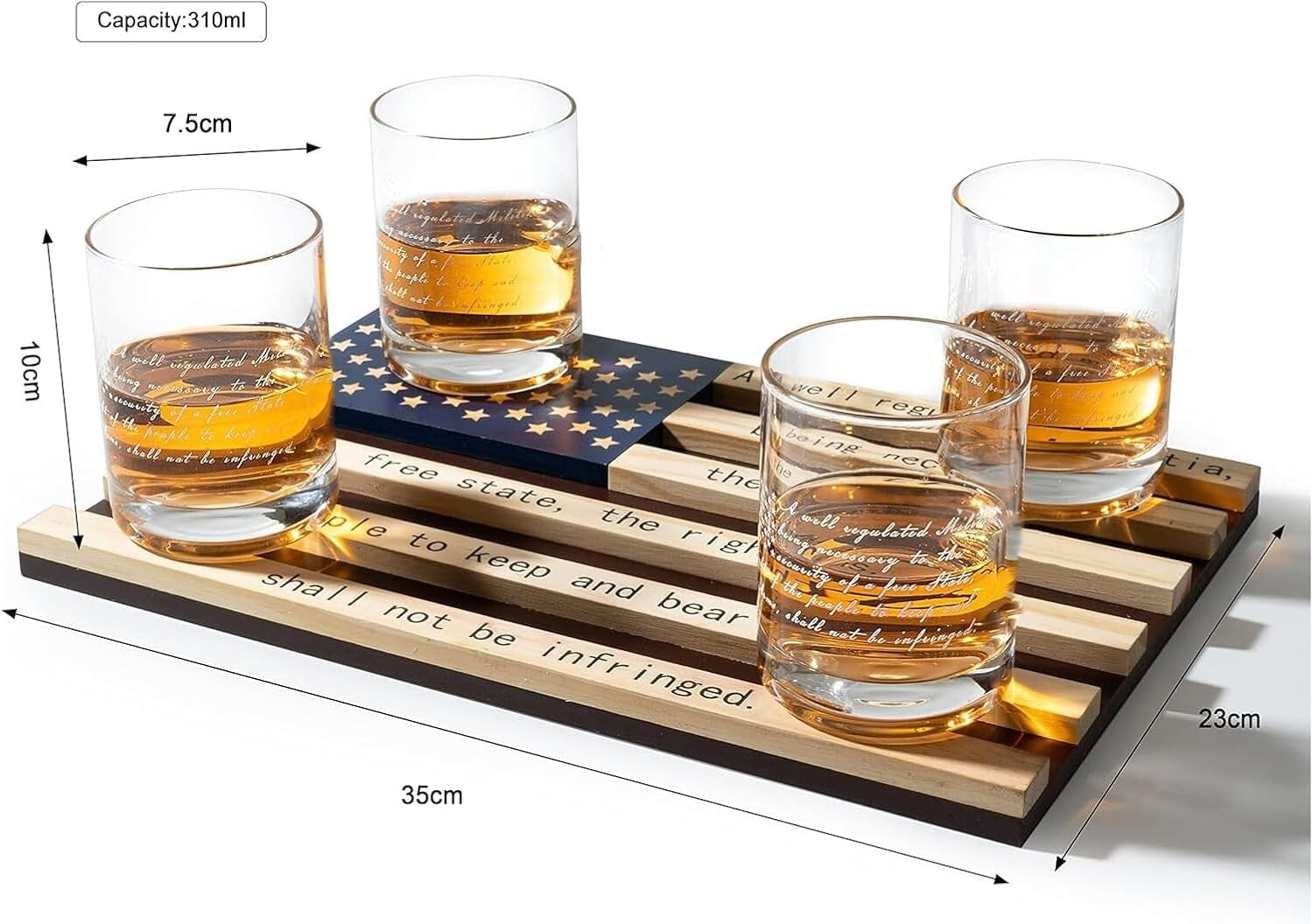 Patriotic Whiskey Rocks Glasses Set with Elegant Wood Tray - 2nd Amendment Gift